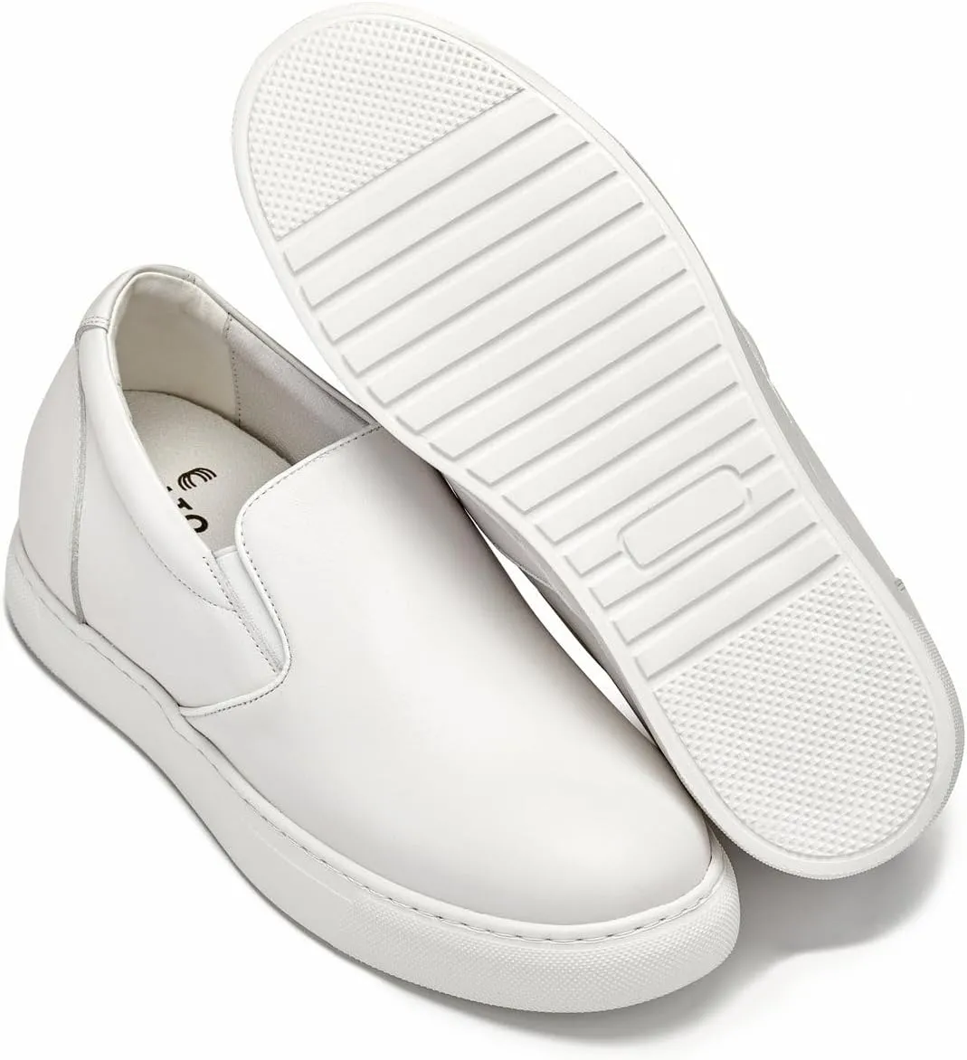 CALTO Men's Invisible Height Increasing Elevator Shoes - White Nappa Leather Slip-on Lightweight Casual Loafers - 2.6 Inches Taller - T1022 - Size 9 D(M) US