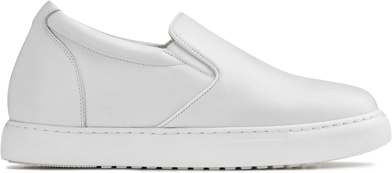 CALTO Men's Invisible Height Increasing Elevator Shoes - White Nappa Leather Slip-on Lightweight Casual Loafers - 2.6 Inches Taller - T1022 - Size 9 D(M) US
