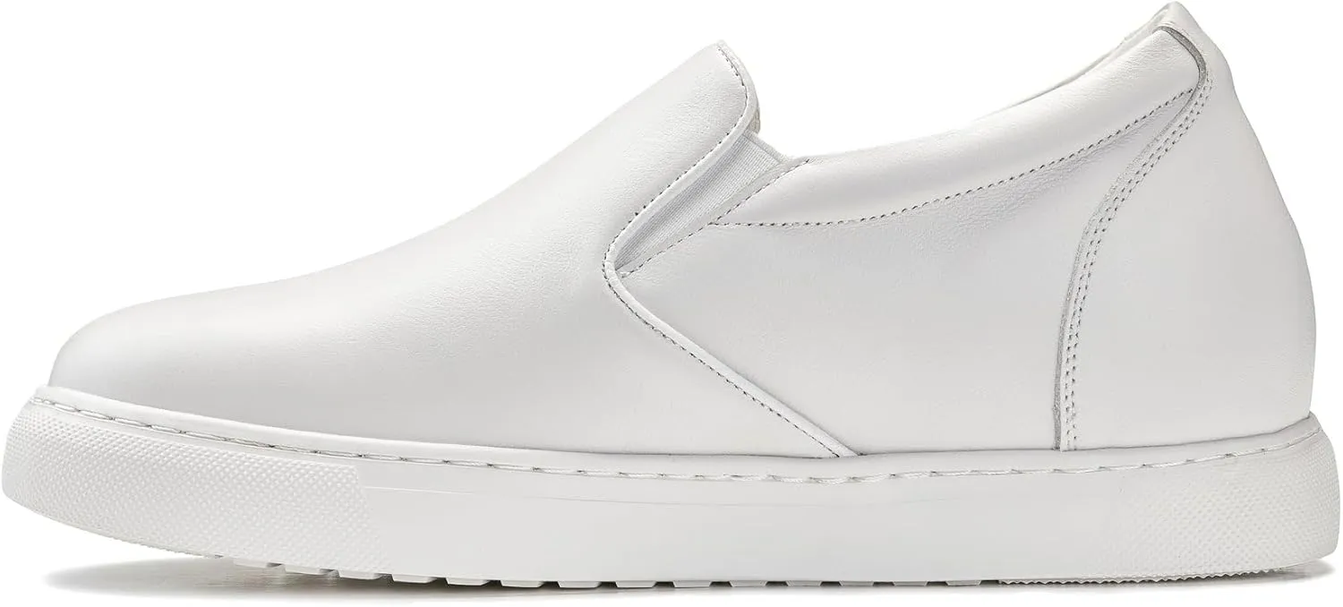 CALTO Men's Invisible Height Increasing Elevator Shoes - White Nappa Leather Slip-on Lightweight Casual Loafers - 2.6 Inches Taller - T1022 - Size 9 D(M) US
