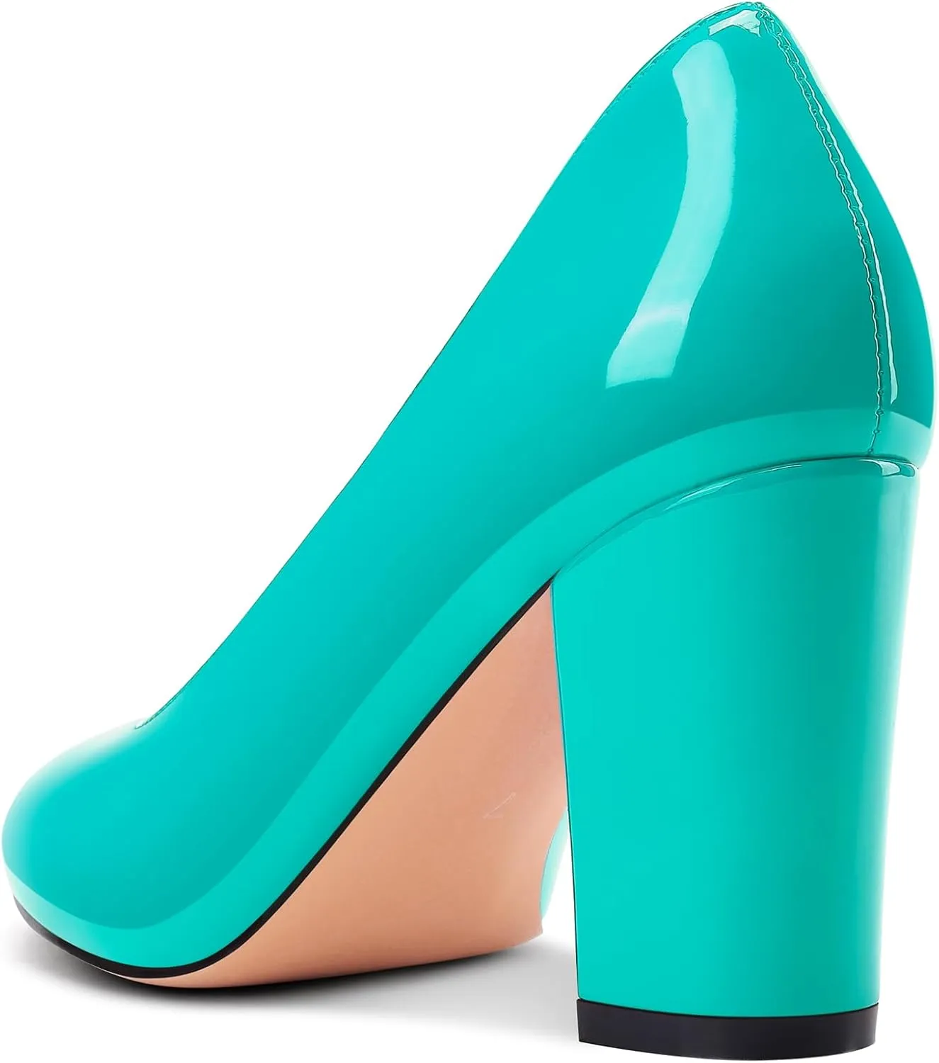 Castamere Womens High Chunky Block Heel Round Toe Pumps Slip-on Prom Dress Patent Leather 3.2 Inches Heels