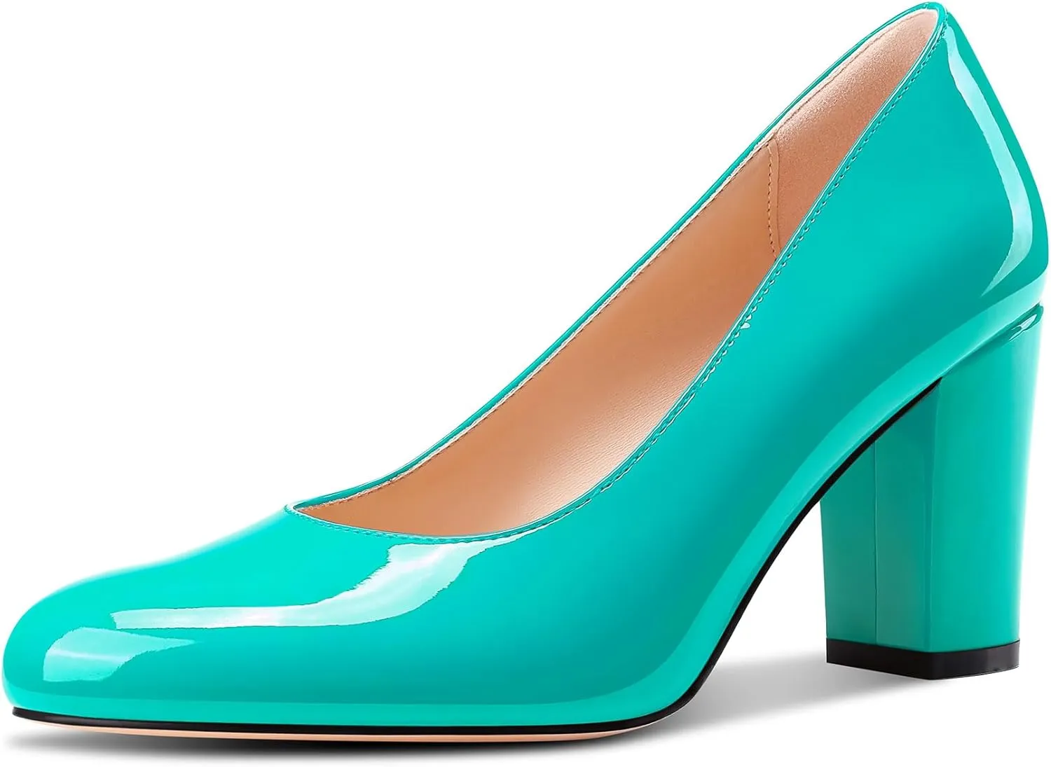 Castamere Womens High Chunky Block Heel Round Toe Pumps Slip-on Prom Dress Patent Leather 3.2 Inches Heels