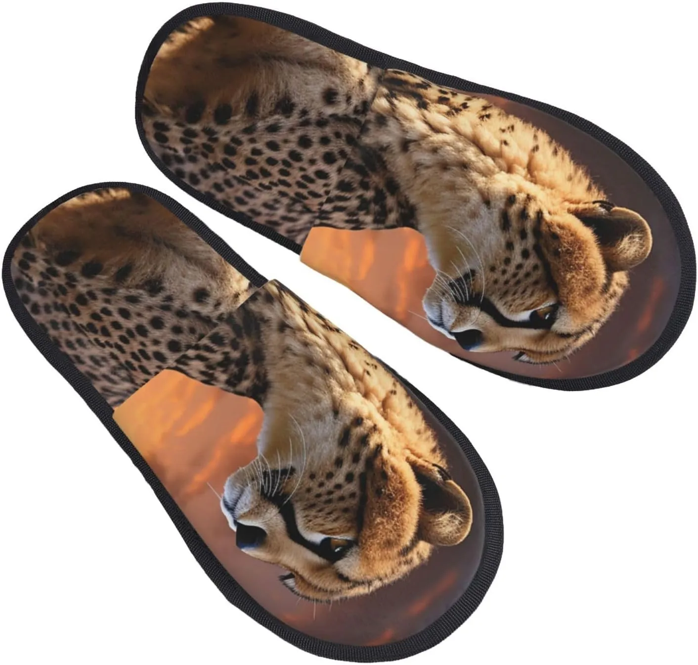 Cheetah with Sunset Women's Slippers Fuzzy Slip-on Slippers Non-slip House Slippers Warm Cozy Bedroom Shoes Medium
