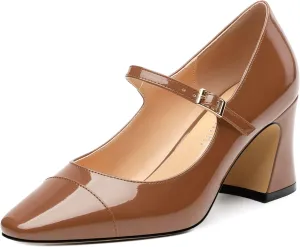Chunky Block Heels for Women Square Patent Mary Jane Closed Toe Slip On Pumps Party Dress Wedding Shoes 2.5Inch