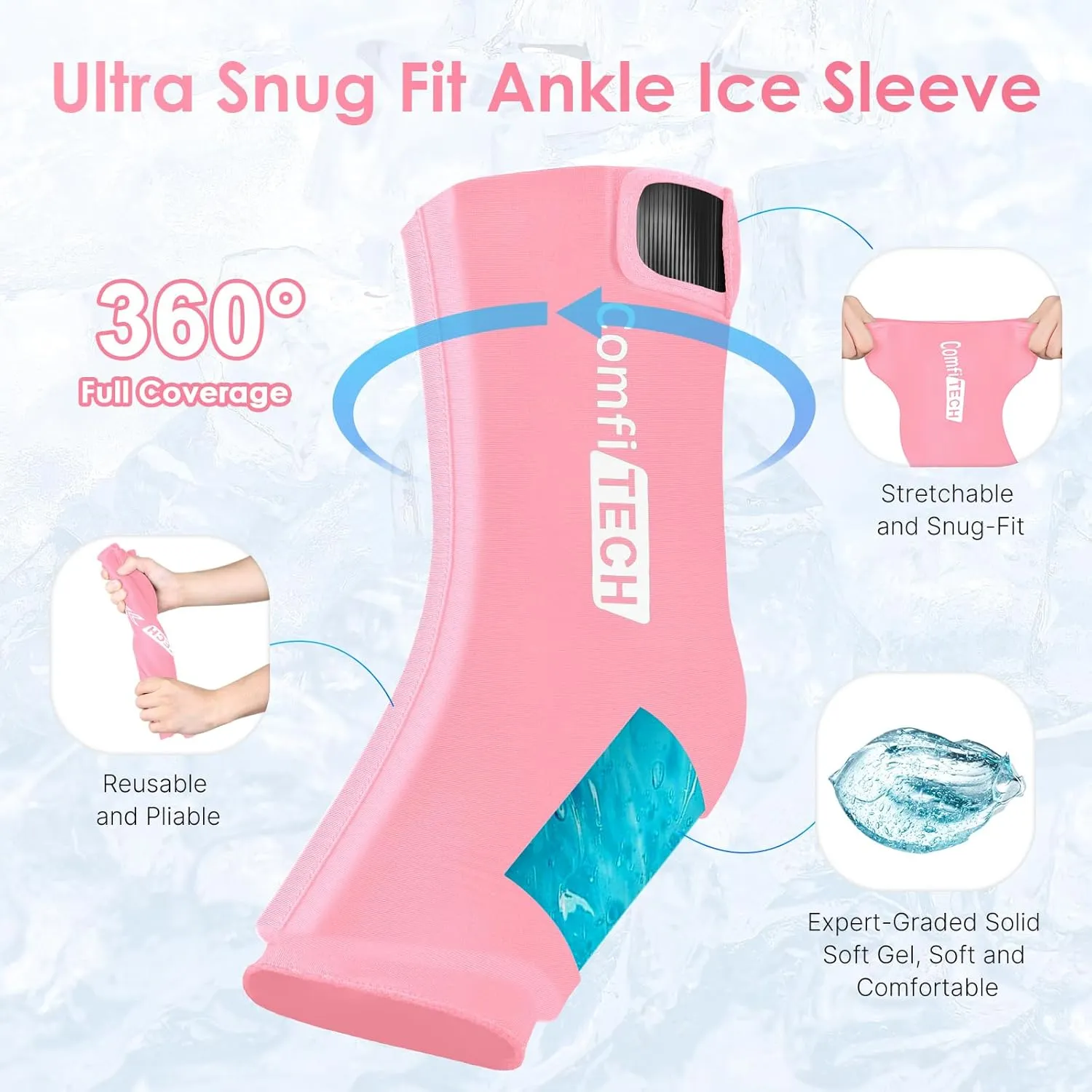 Comfitech Ankle Ice Pack Wrap Sleeve with Large Opening, Reusable Gel Cold Pad for Foot and Heel, Large, 2 Packs, Pink