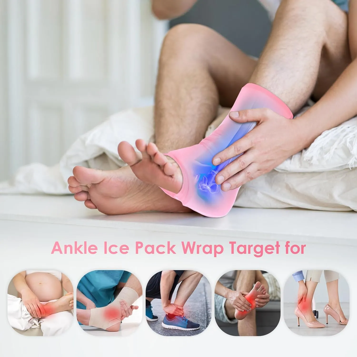 Comfitech Ankle Ice Pack Wrap Sleeve with Large Opening, Reusable Gel Cold Pad for Foot and Heel, Large, 2 Packs, Pink