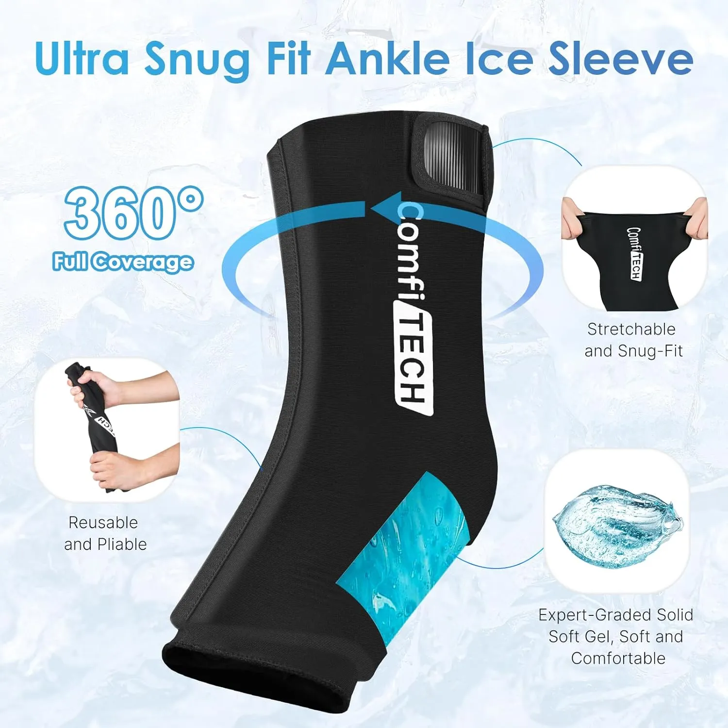 Comfitech Ankle Ice Pack Wrap Sleeve with Large Opening, Reusable Gel Cold Pad for Foot and Heel, Large