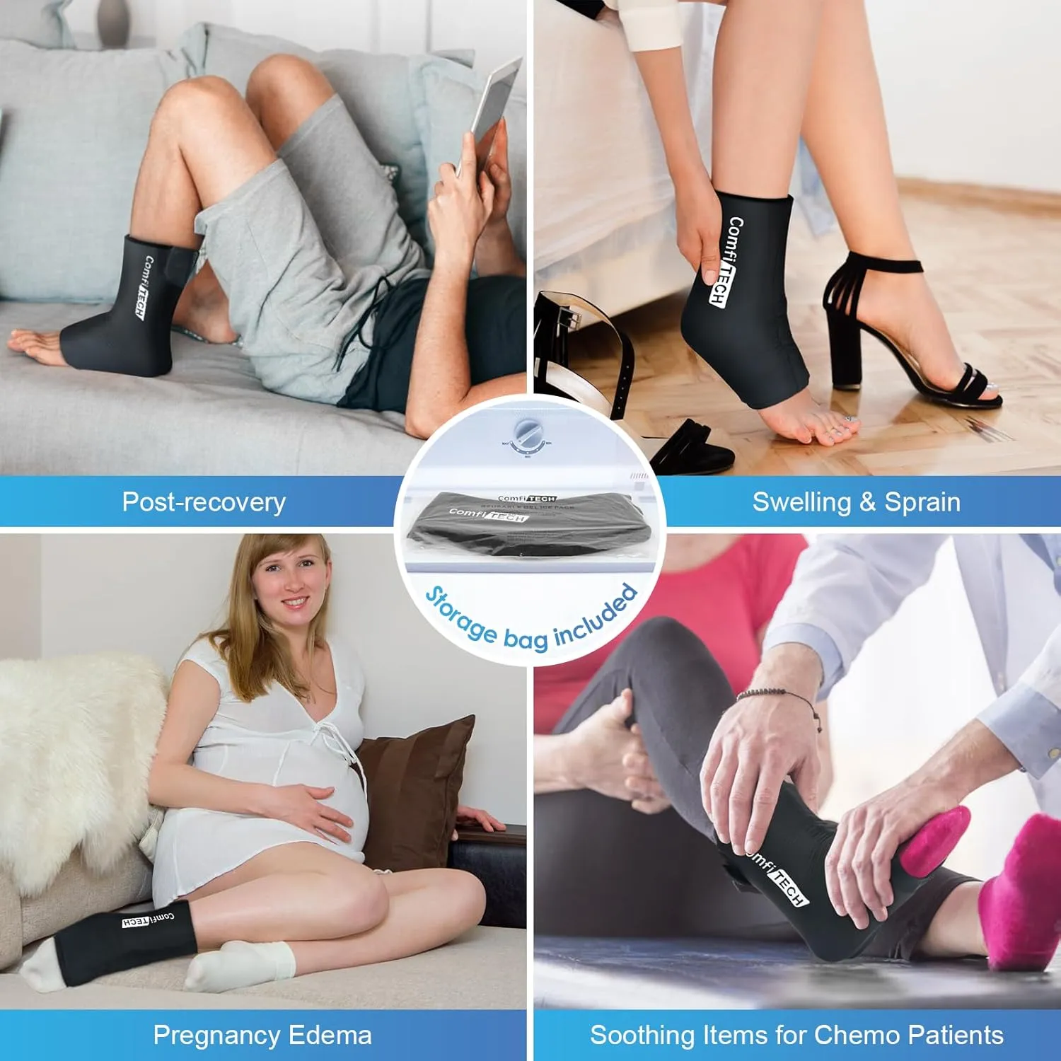Comfitech Ankle Ice Pack Wrap Sleeve with Large Opening, Reusable Gel Cold Pad for Foot and Heel, Large