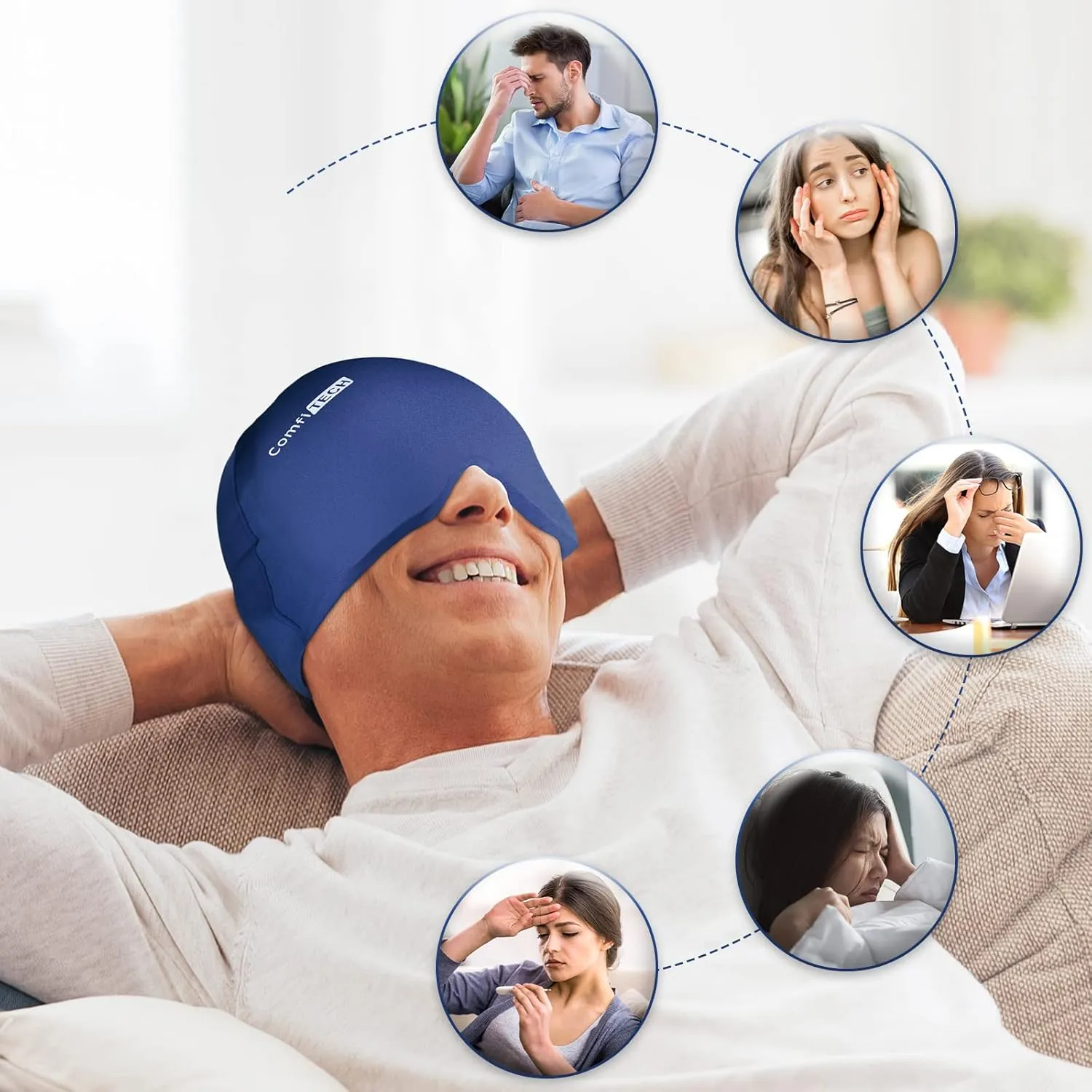 ComfiTECH Head Ice Pack Wrap Cold Cap Cooling Gel Hat, Medium, Blue