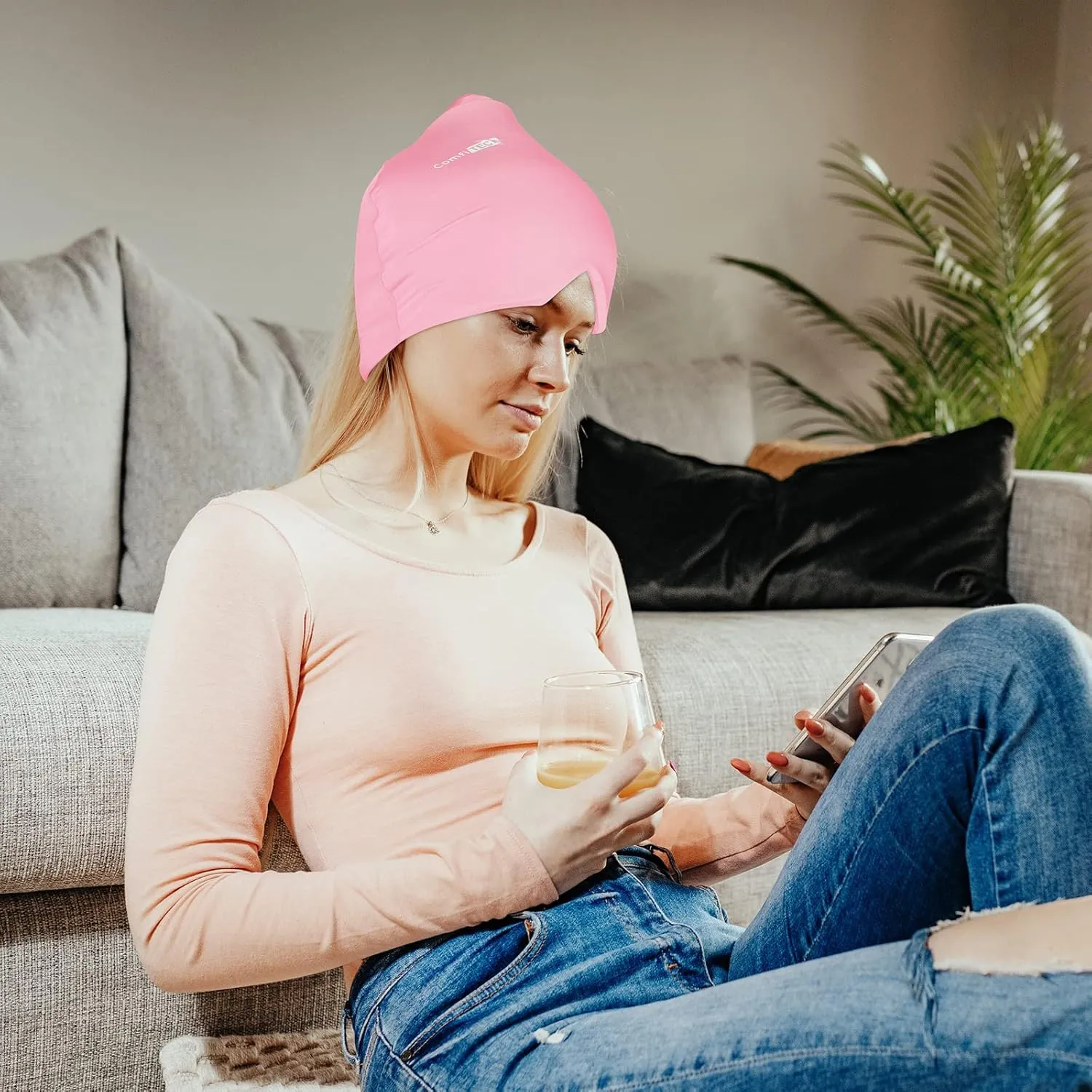 ComfiTECH Head Ice Pack Wrap Cold Cap Cooling Gel Hat, Medium, Pink