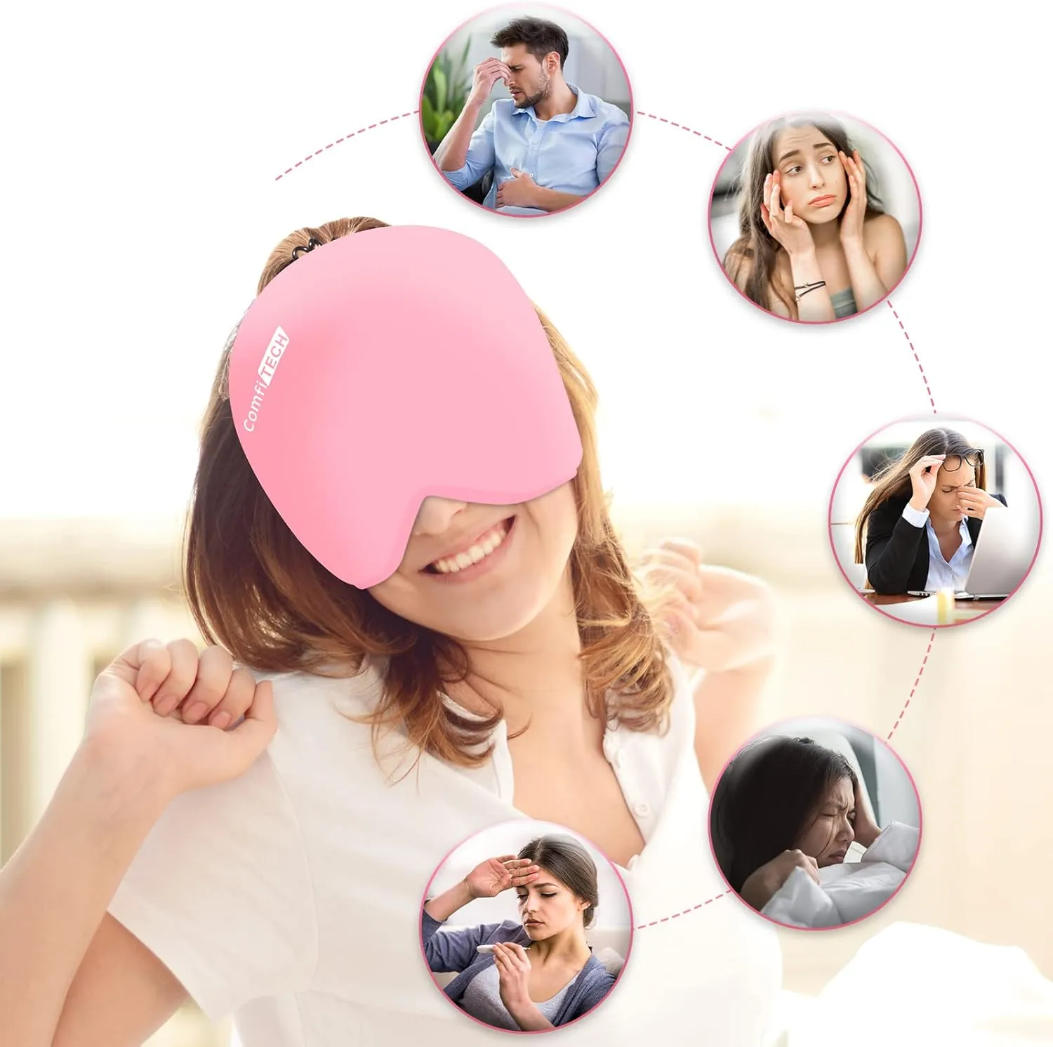 ComfiTECH Head Ice Pack Wrap Cold Cap Cooling Gel Hat, Medium, Pink