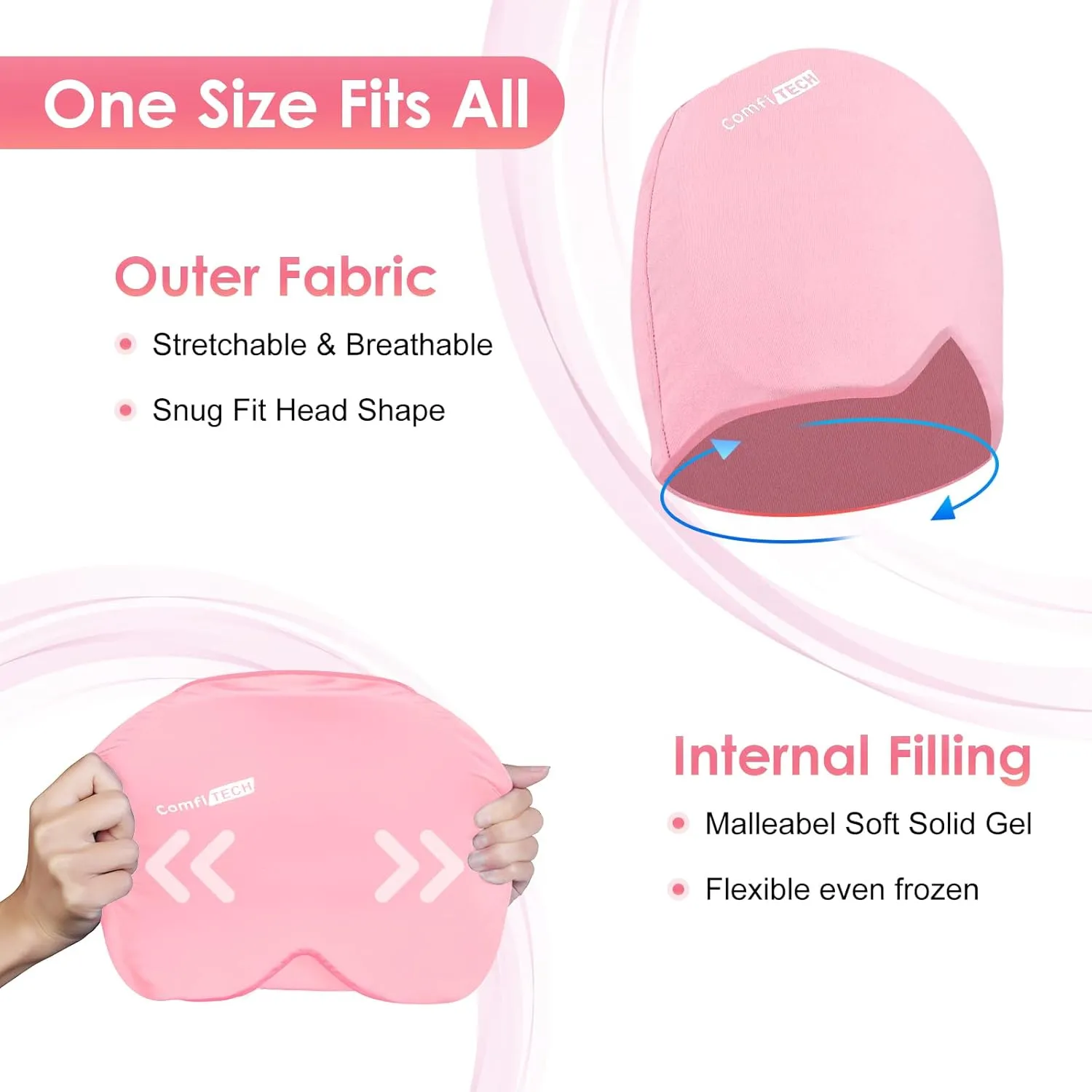 ComfiTECH Head Ice Pack Wrap Cold Cap Cooling Gel Hat, Medium, Pink