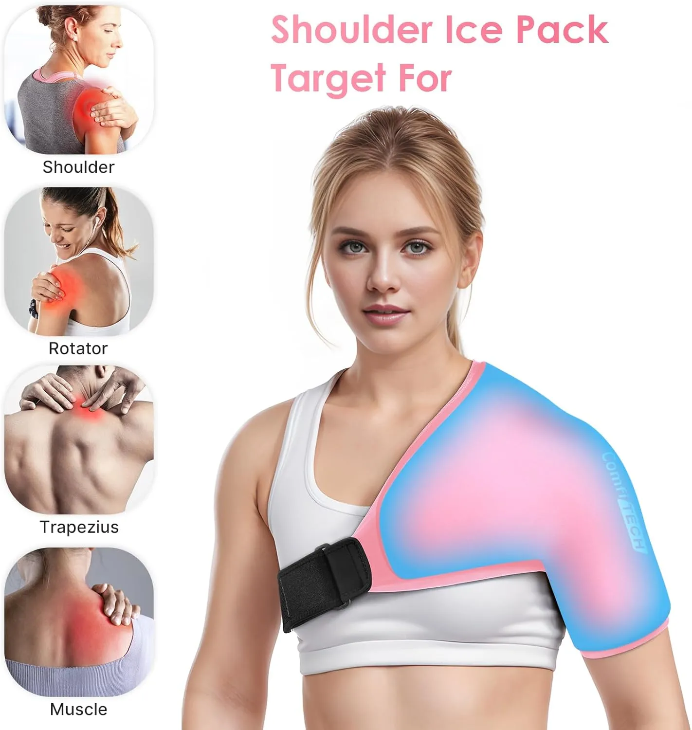 Comfitech Shoulder Ice Pack Wrap Sleeve for Better Putting On & Off, Reusable Gel Cold Pad for Arm, Medium, Pink