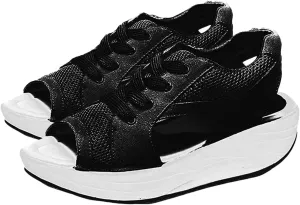 Contrast Paneled Cutout Lace-up Muffin Sandals for Women Open Toe Summer Slip On Causal Platform Wedges Sandal Fishmouth Sends Rocking Shoes Walking Ortho Supportive with Tie Straps Slippers