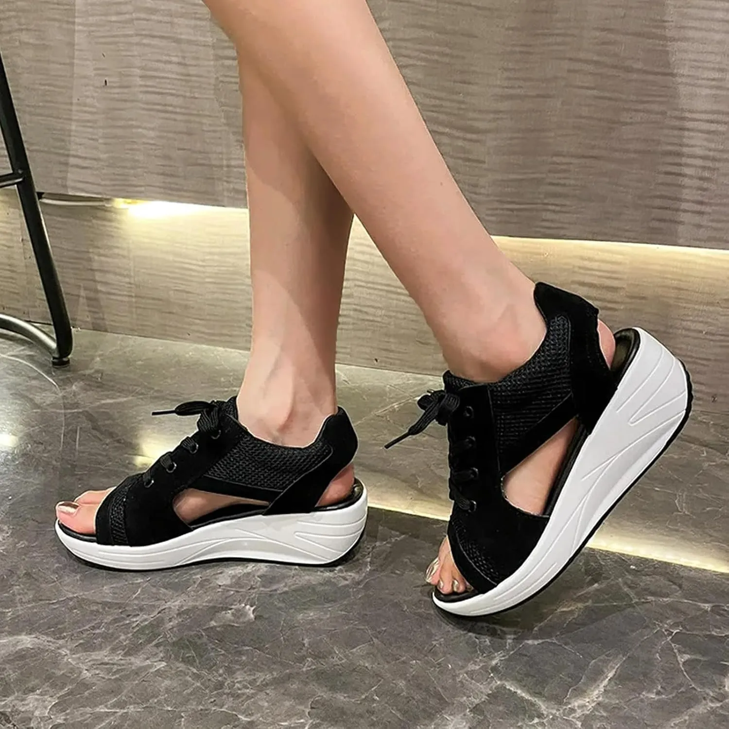 Contrast Paneled Cutout Lace-up Muffin Sandals for Women Open Toe Summer Slip On Causal Platform Wedges Sandal Fishmouth Sends Rocking Shoes Walking Ortho Supportive with Tie Straps Slippers