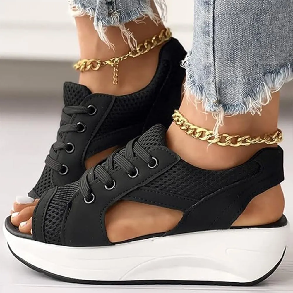 Contrast Paneled Cutout Lace-up Muffin Sandals for Women Open Toe Summer Slip On Causal Platform Wedges Sandal Fishmouth Sends Rocking Shoes Walking Ortho Supportive with Tie Straps Slippers