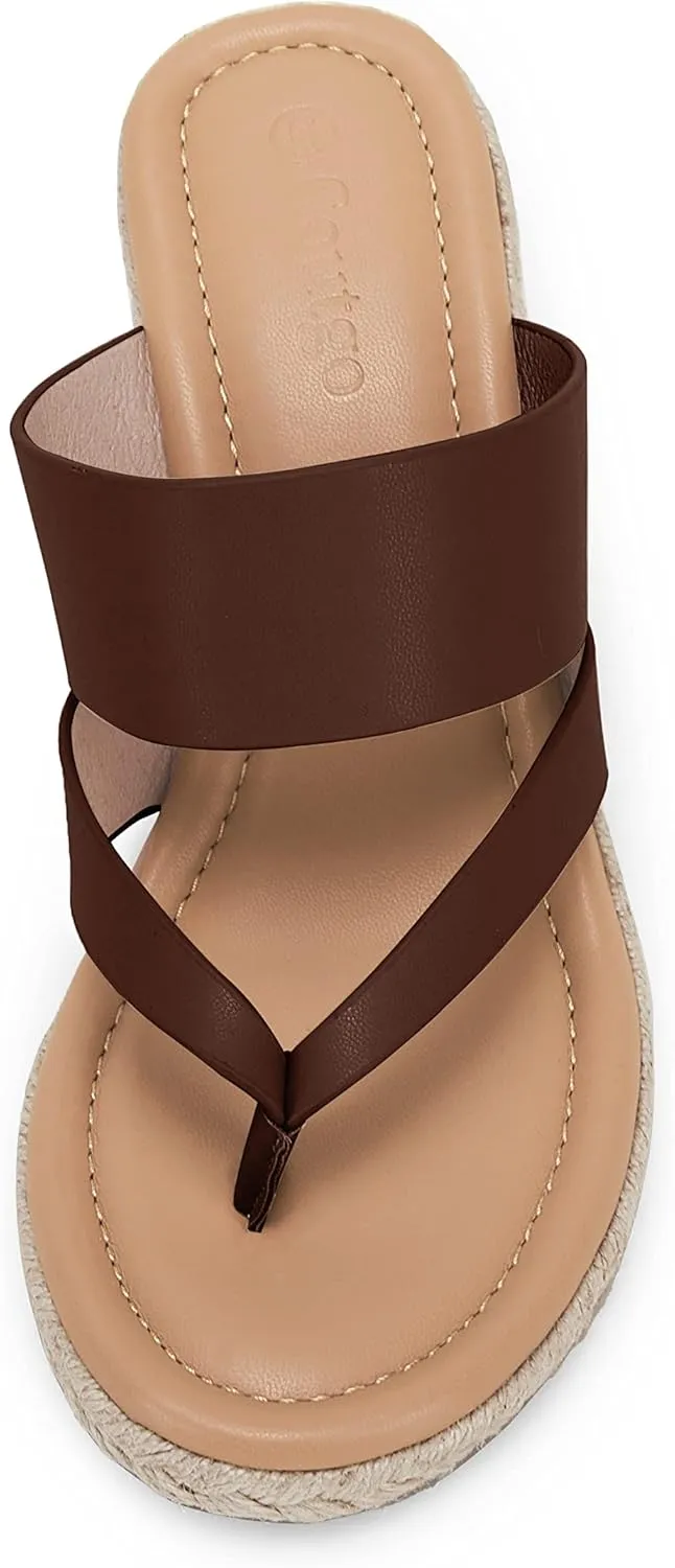 Coutgo Women's Espadrille Wedge Sandals Platform Thong Leather Strap Slides Backless Slip On Summer Casual Flip Flops