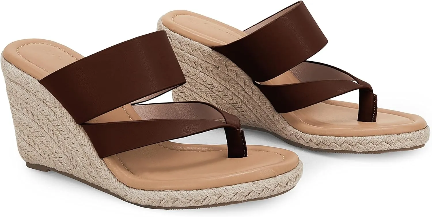 Coutgo Women's Espadrille Wedge Sandals Platform Thong Leather Strap Slides Backless Slip On Summer Casual Flip Flops