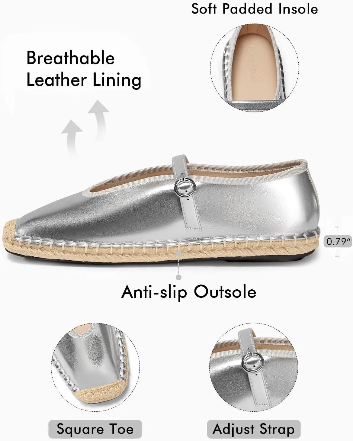 Coutgo Womens Espadrilles Mary Jane Flats Closed Sqaure Toe Mesh Ballet Flats Comfortable Dress Shoes