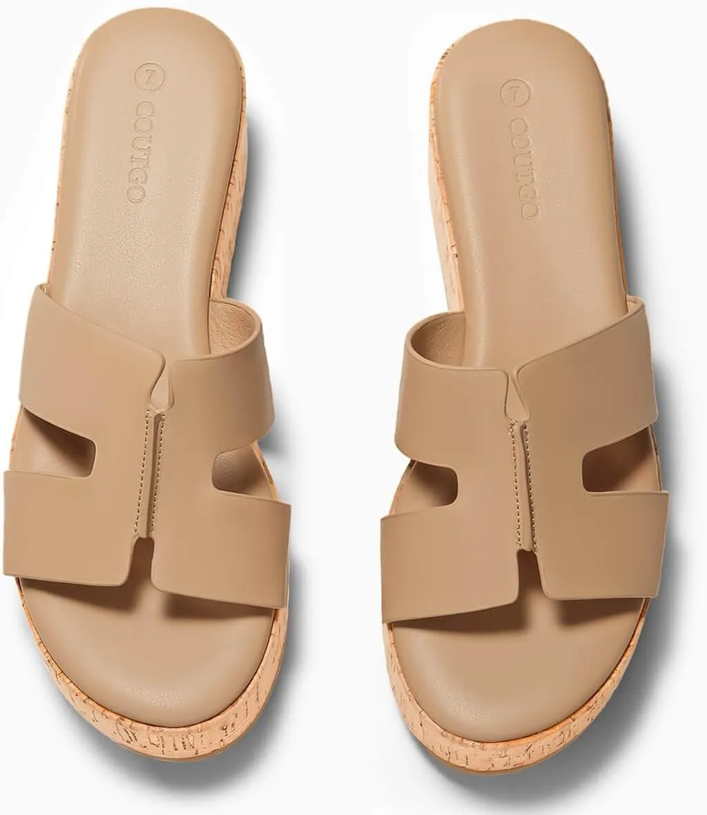 Coutgo Women's Platform Wedge Sandals Open Toe Slip On Slides Cork Heeled Cutout Comfortable Summer Shoes