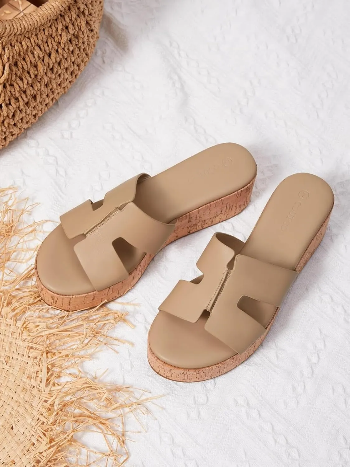 Coutgo Women's Platform Wedge Sandals Open Toe Slip On Slides Cork Heeled Cutout Comfortable Summer Shoes
