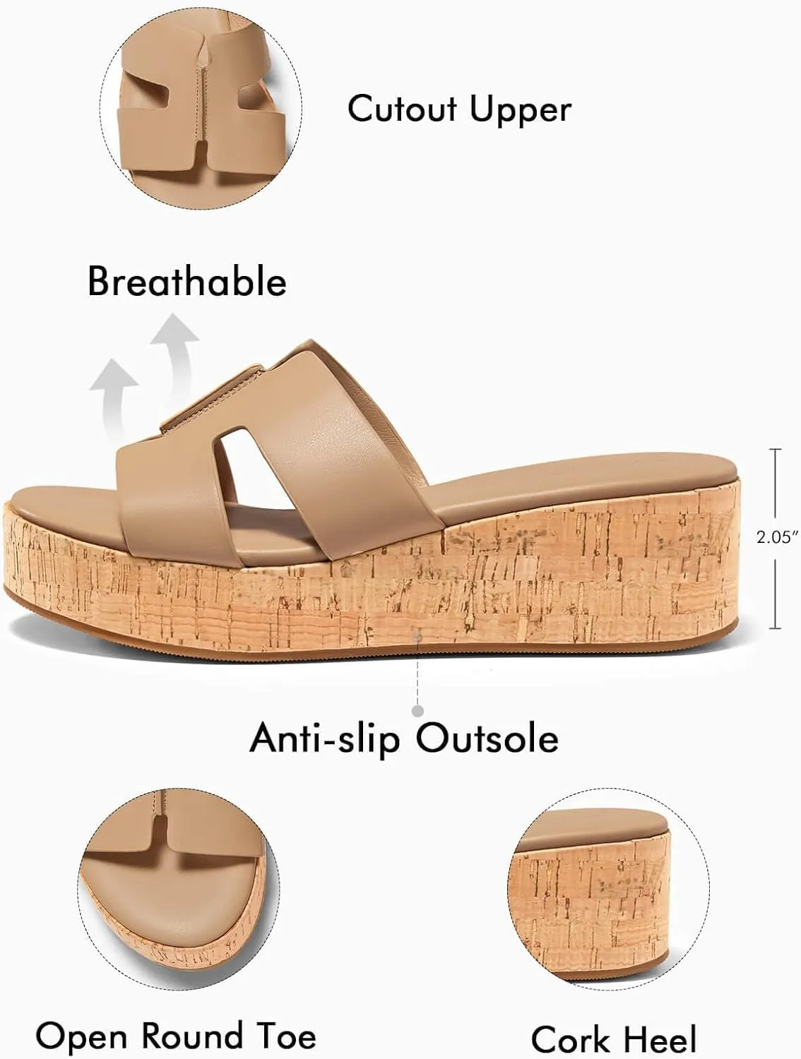 Coutgo Women's Platform Wedge Sandals Open Toe Slip On Slides Cork Heeled Cutout Comfortable Summer Shoes