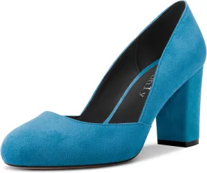 DearOnly Womens Pumps Round Closed Toe Block Chunky High Heel Slip On Suede Dress Shoes Shopping Office Cute 3 Inch