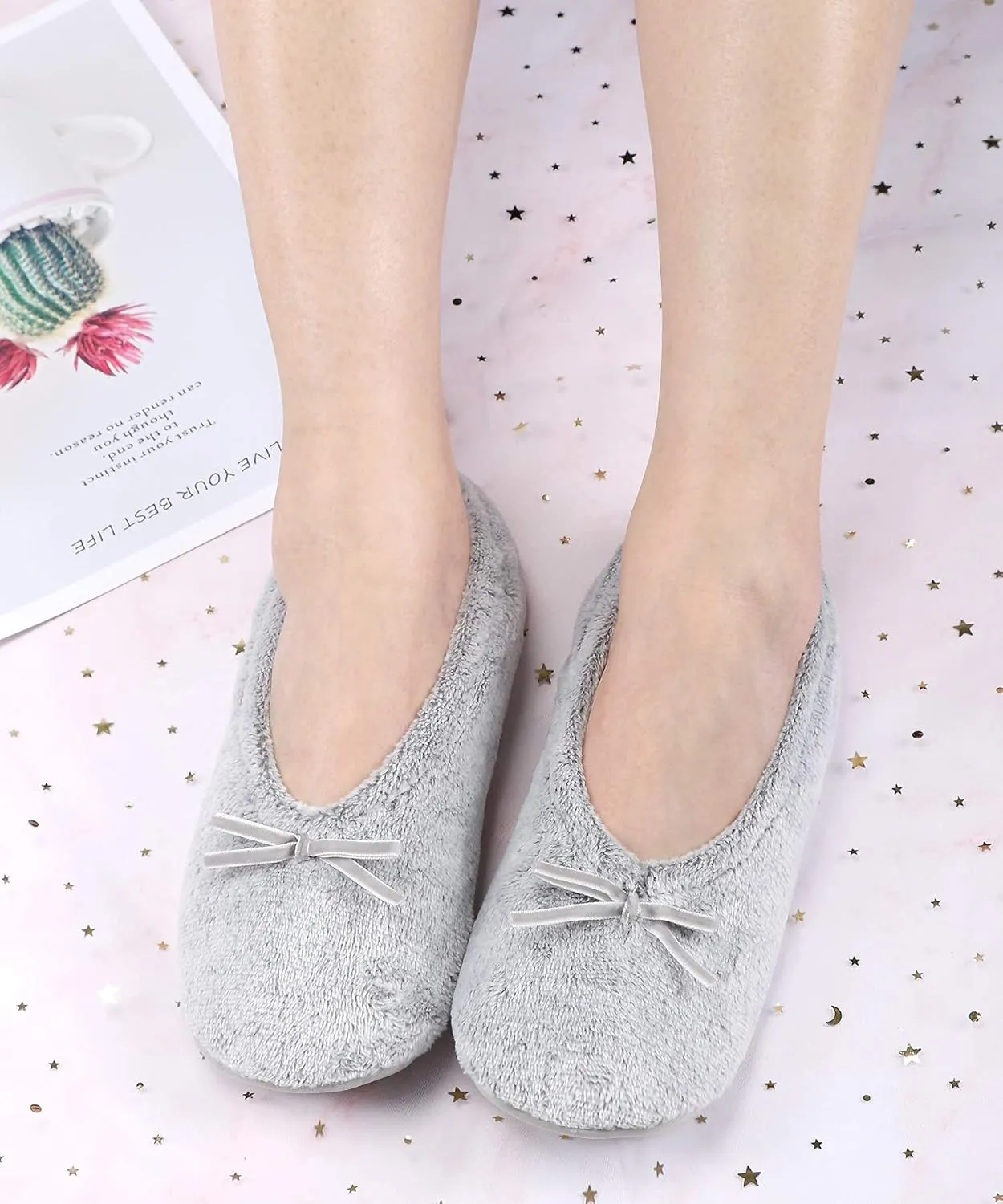 DICUIRD Women's Ballerina Slippers Lightweight House Slippers with Stretchable Heel Design