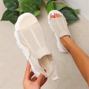 DOIX Women Summer Athletic Sport Sandals Wedge Sneakers Walking Sandals Platform Open Toe Slip on Knit Beach Sandals Mesh Elastic Ankle Soft Sole Casual Shoes,Beige,US8/EU39