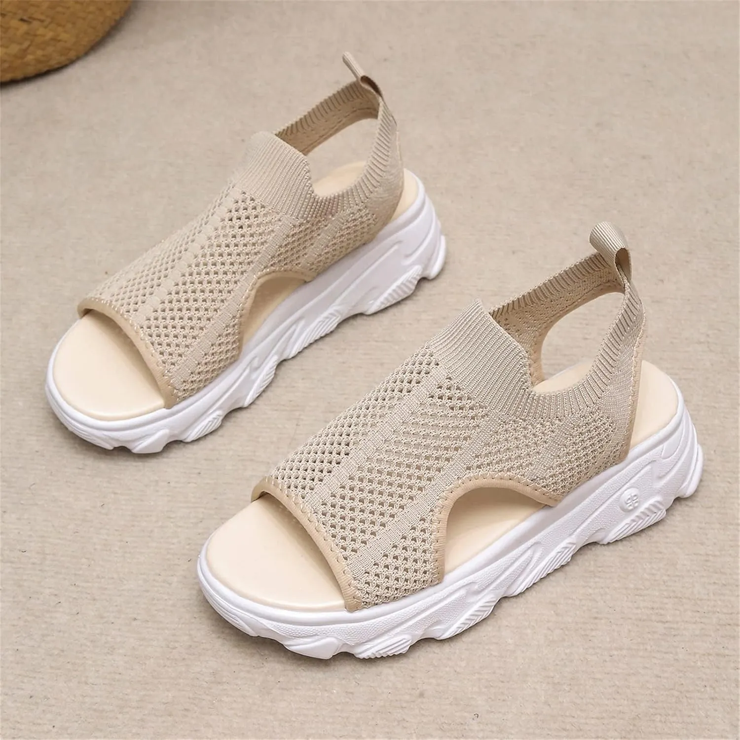 DOIX Women Summer Athletic Sport Sandals Wedge Sneakers Walking Sandals Platform Open Toe Slip on Knit Beach Sandals Mesh Elastic Ankle Soft Sole Casual Shoes,Beige,US8/EU39