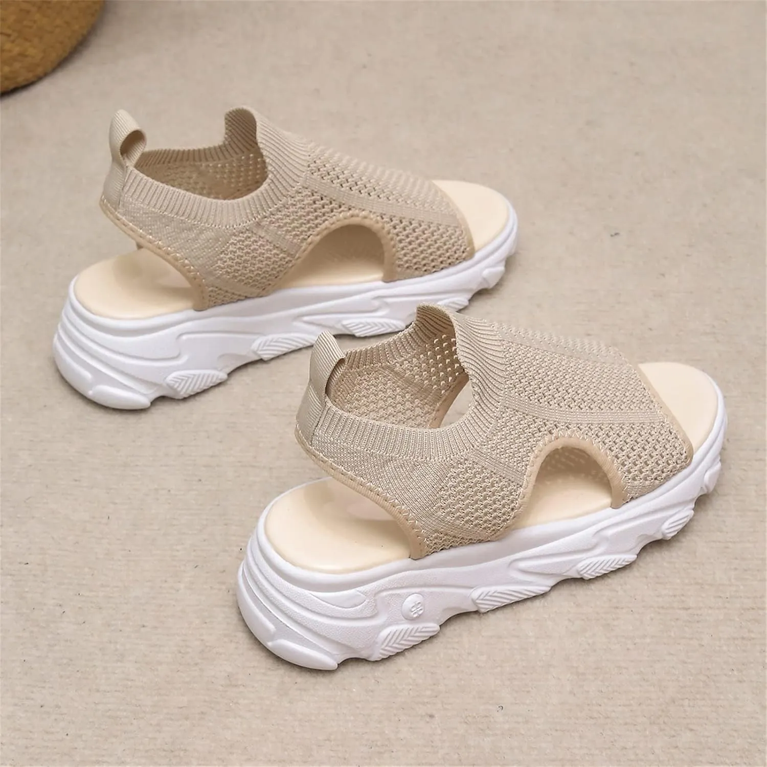 DOIX Women Summer Athletic Sport Sandals Wedge Sneakers Walking Sandals Platform Open Toe Slip on Knit Beach Sandals Mesh Elastic Ankle Soft Sole Casual Shoes,Beige,US8/EU39