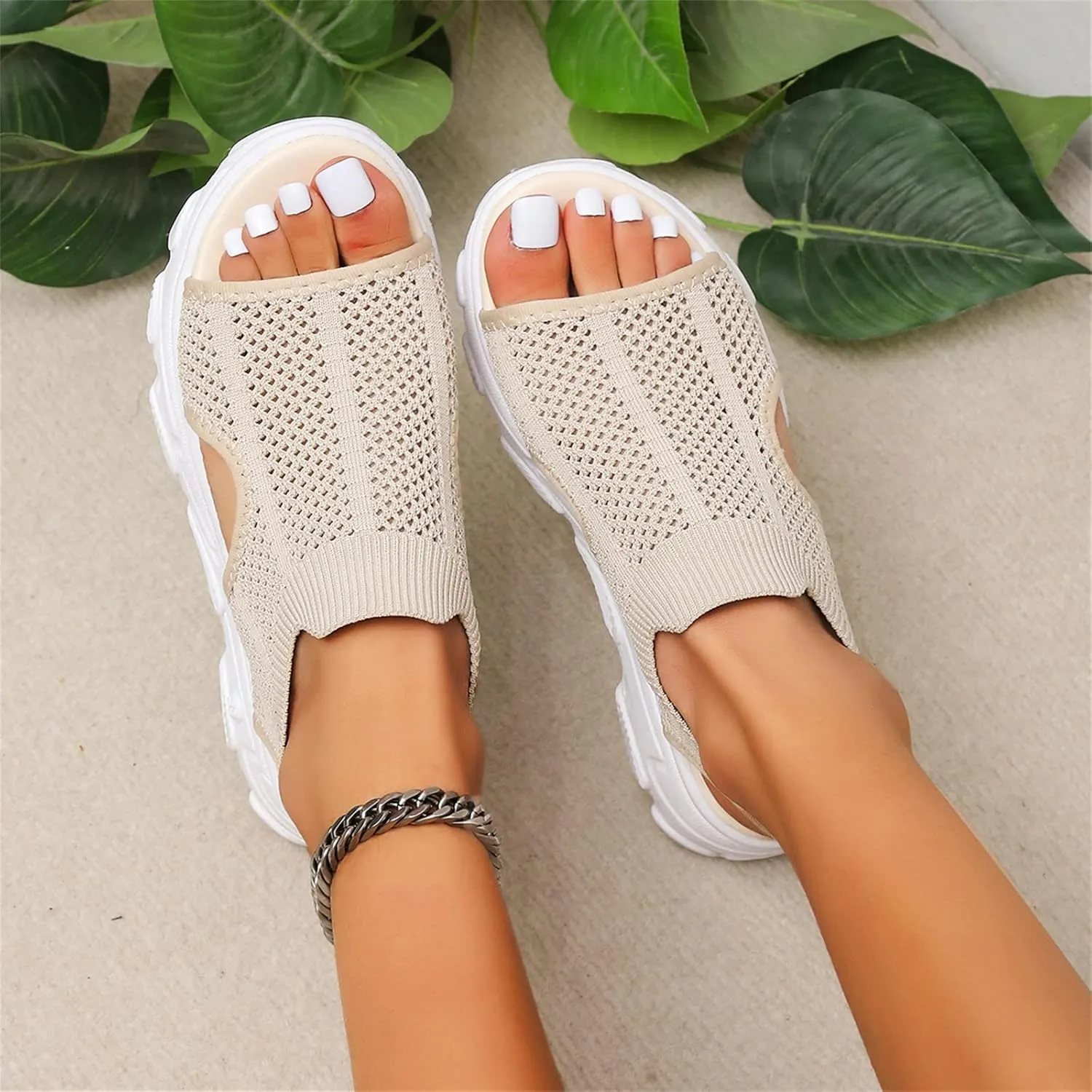 DOIX Women Summer Athletic Sport Sandals Wedge Sneakers Walking Sandals Platform Open Toe Slip on Knit Beach Sandals Mesh Elastic Ankle Soft Sole Casual Shoes,Beige,US8/EU39
