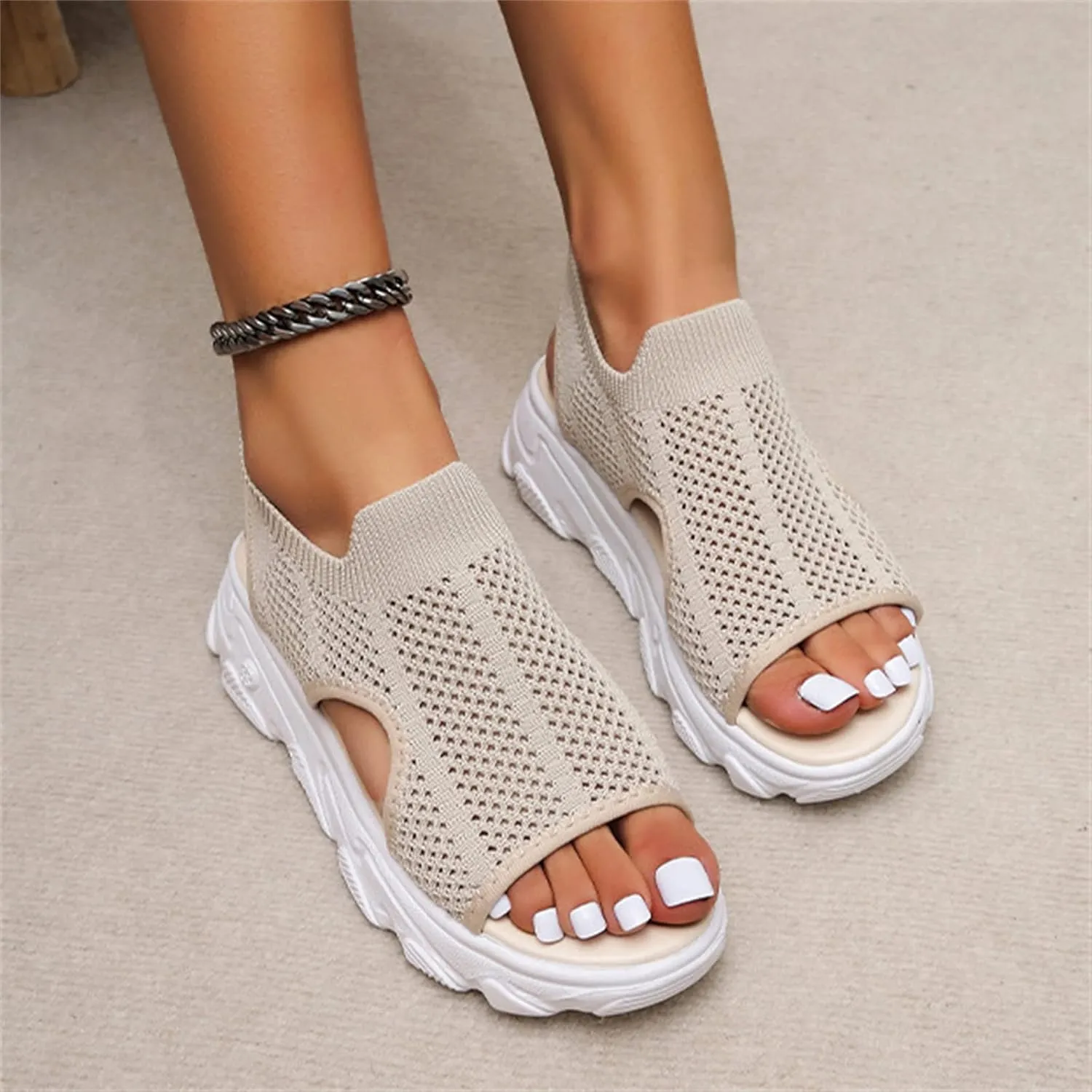 DOIX Women Summer Athletic Sport Sandals Wedge Sneakers Walking Sandals Platform Open Toe Slip on Knit Beach Sandals Mesh Elastic Ankle Soft Sole Casual Shoes,Beige,US8/EU39