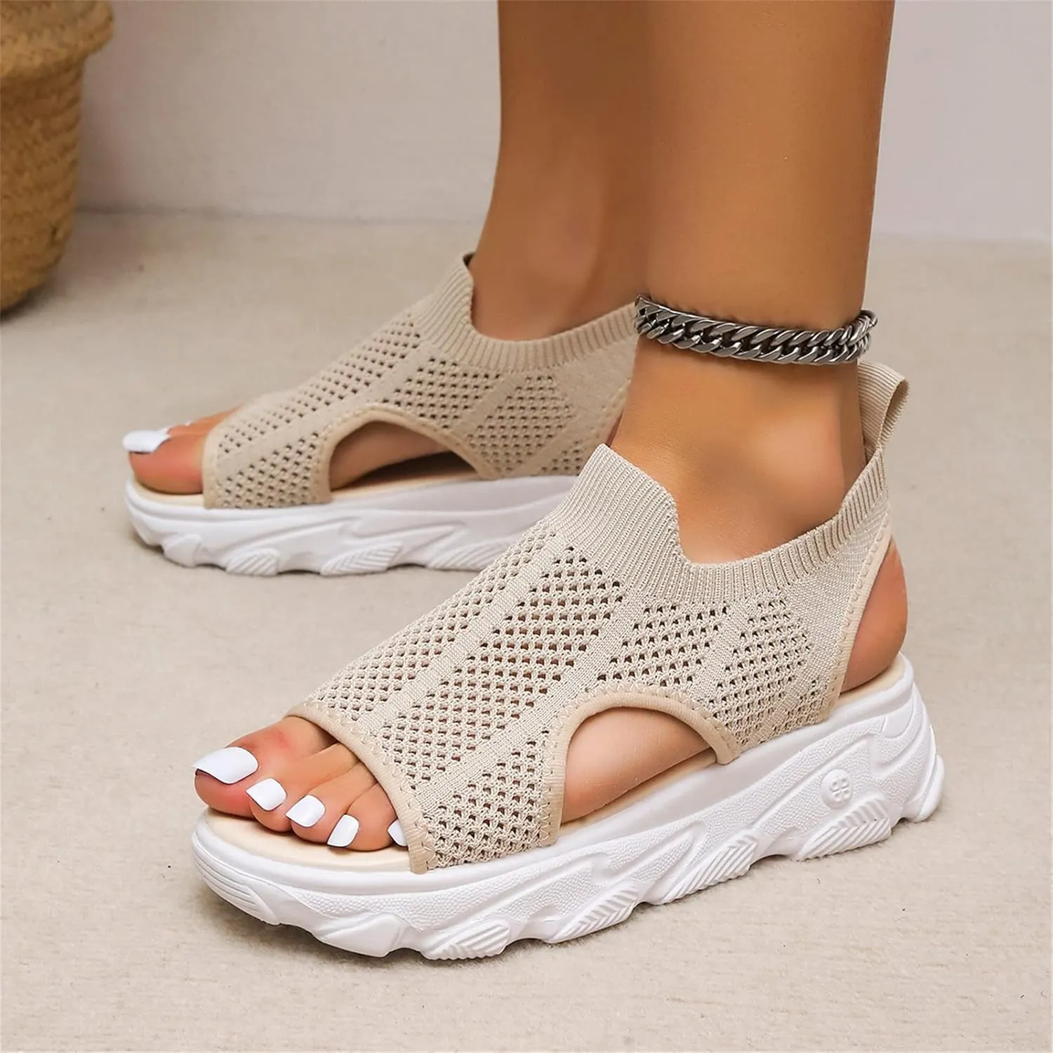 DOIX Women Summer Athletic Sport Sandals Wedge Sneakers Walking Sandals Platform Open Toe Slip on Knit Beach Sandals Mesh Elastic Ankle Soft Sole Casual Shoes,Beige,US8/EU39