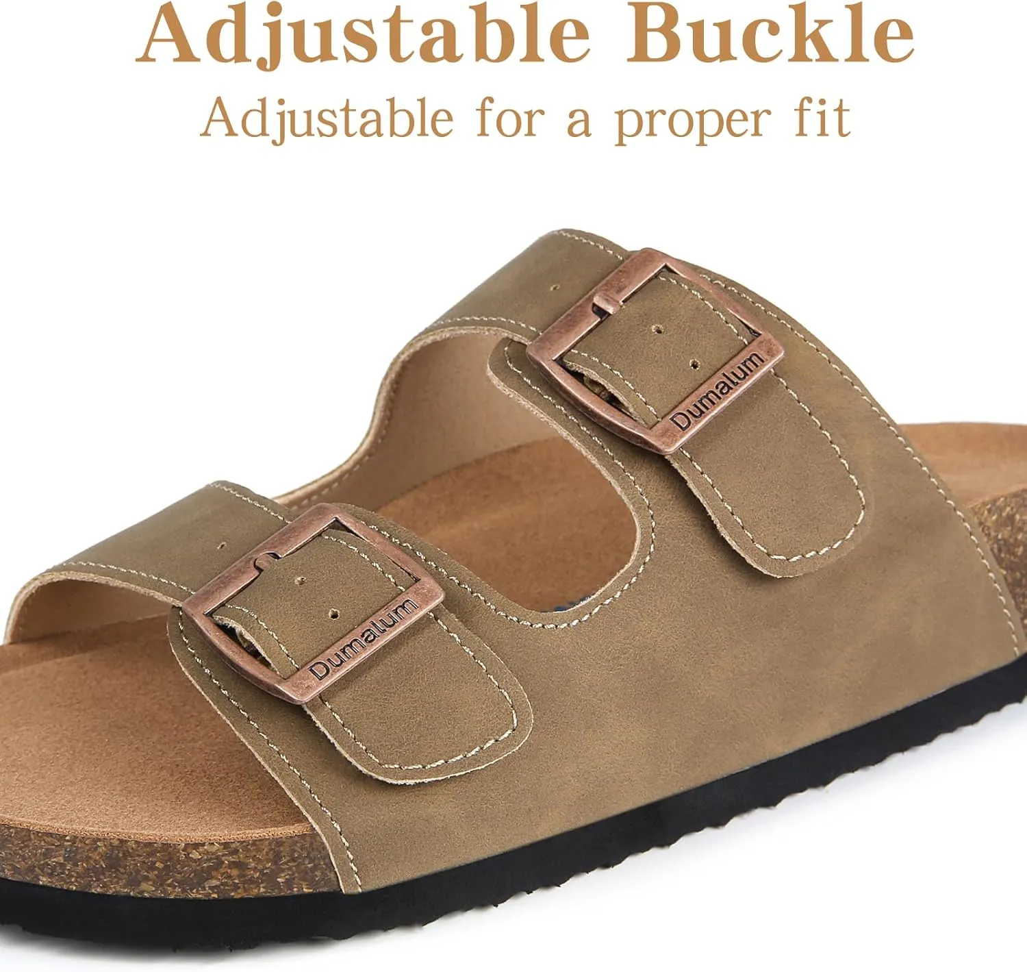 Dumalum Womens Flat Sandals with Cork Footbed Open Toe Slides Adjustable Slip On Slippers for Summer Beach Sandals Arch Support Size 6-12