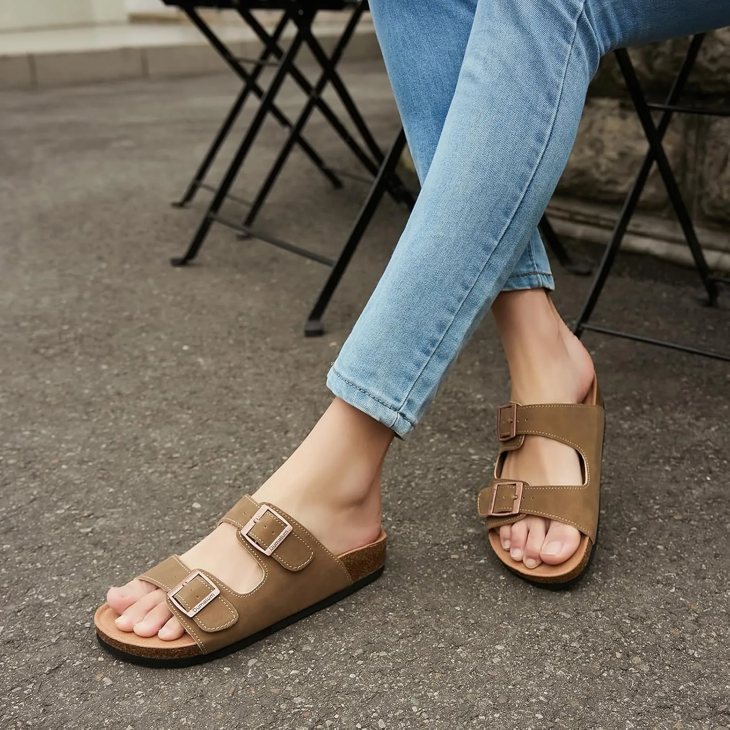 Dumalum Womens Flat Sandals with Cork Footbed Open Toe Slides Adjustable Slip On Slippers for Summer Beach Sandals Arch Support Size 6-12