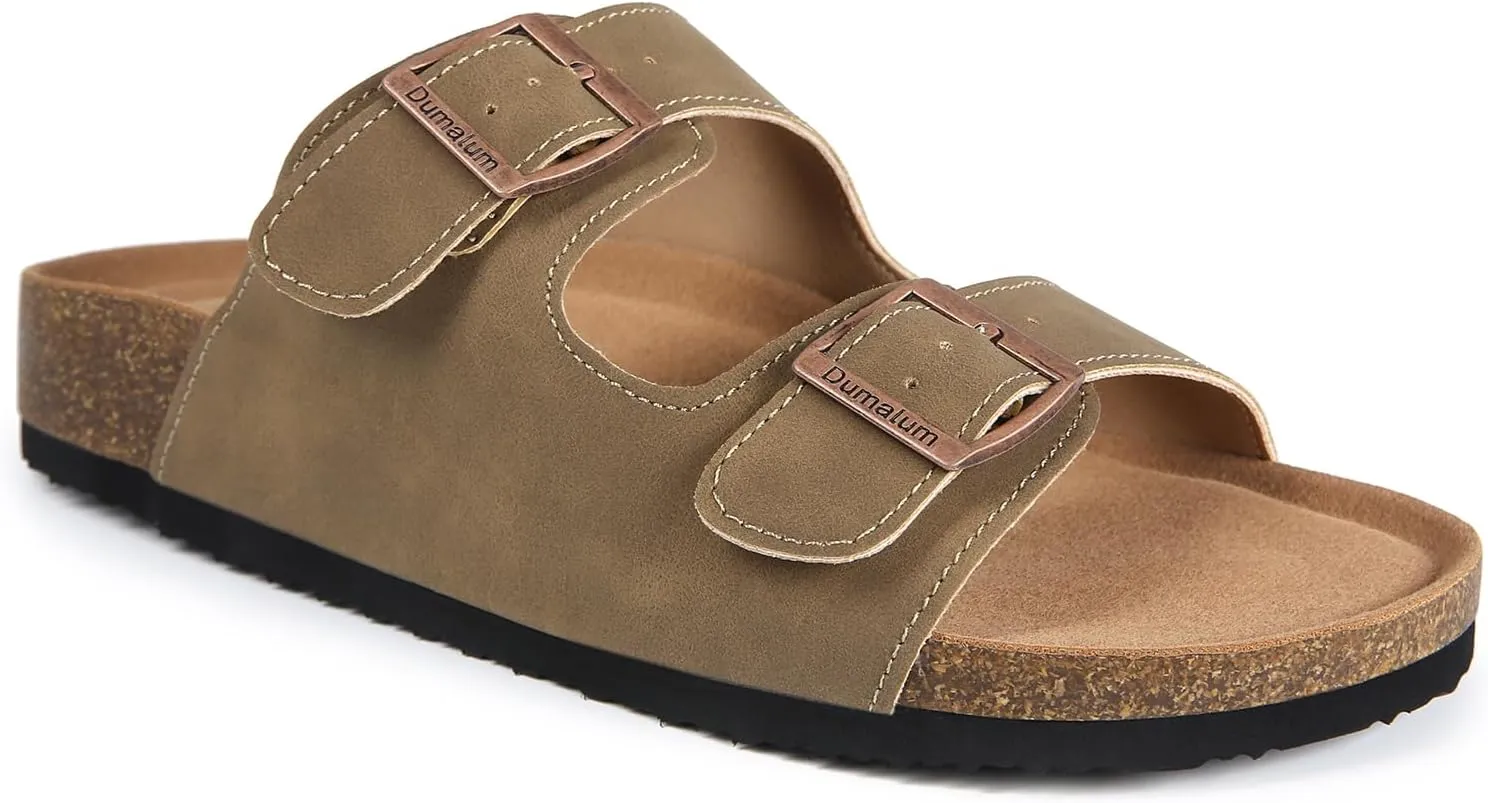 Dumalum Womens Flat Sandals with Cork Footbed Open Toe Slides Adjustable Slip On Slippers for Summer Beach Sandals Arch Support Size 6-12