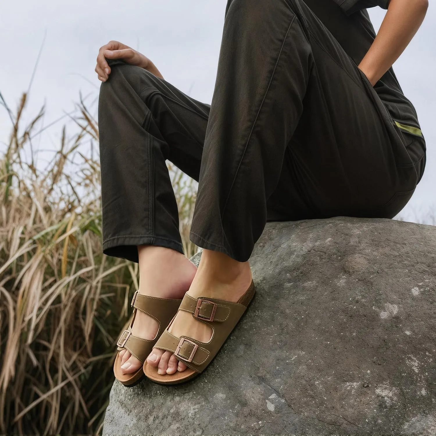 Dumalum Womens Flat Sandals with Cork Footbed Open Toe Slides Adjustable Slip On Slippers for Summer Beach Sandals Arch Support Size 6-12