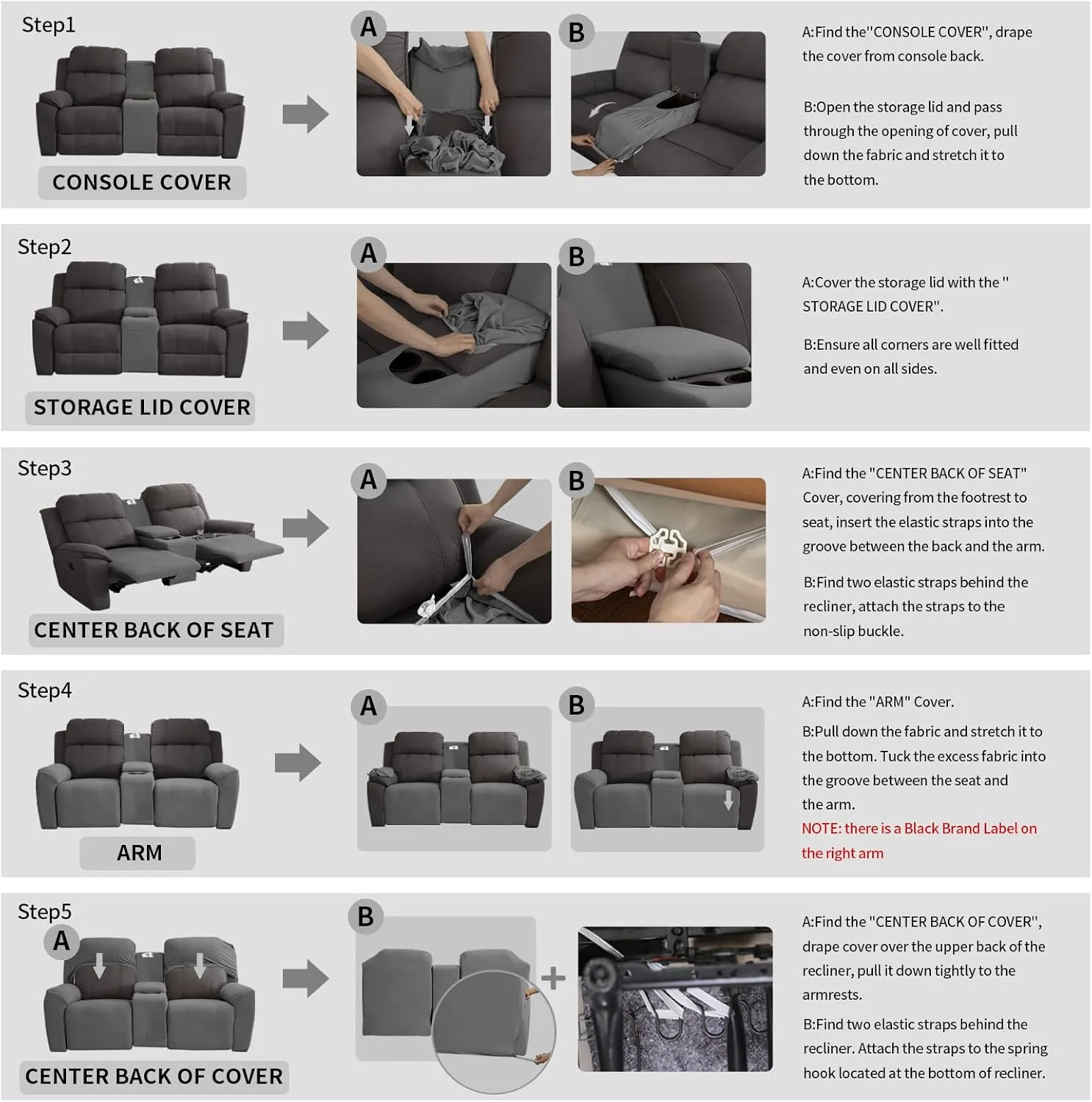 Easy-Going Stretch Recliner Loveseat Cover with Center Console Sofa Slipcover Soft Fitted Fleece 2 Seats Couch with Holder and Storage Washable Furniture Protector Gray