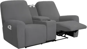 Easy-Going Stretch Recliner Loveseat Cover with Center Console Sofa Slipcover Soft Fitted Fleece 2 Seats Couch with Holder and Storage Washable Furniture Protector Gray