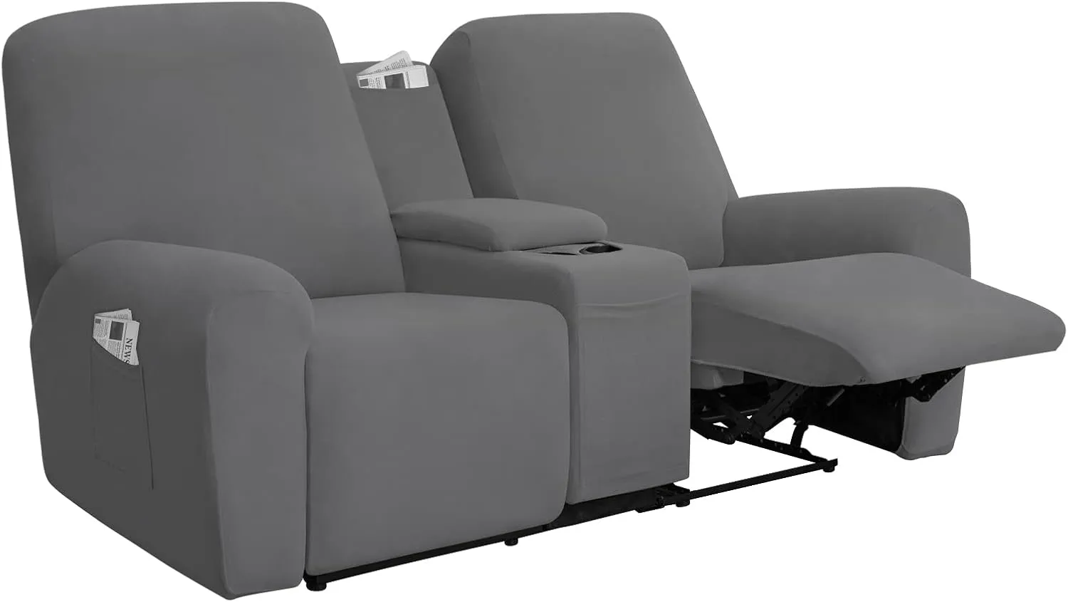 Easy-Going Stretch Recliner Loveseat Cover with Center Console Sofa Slipcover Soft Fitted Fleece 2 Seats Couch with Holder and Storage Washable Furniture Protector Gray