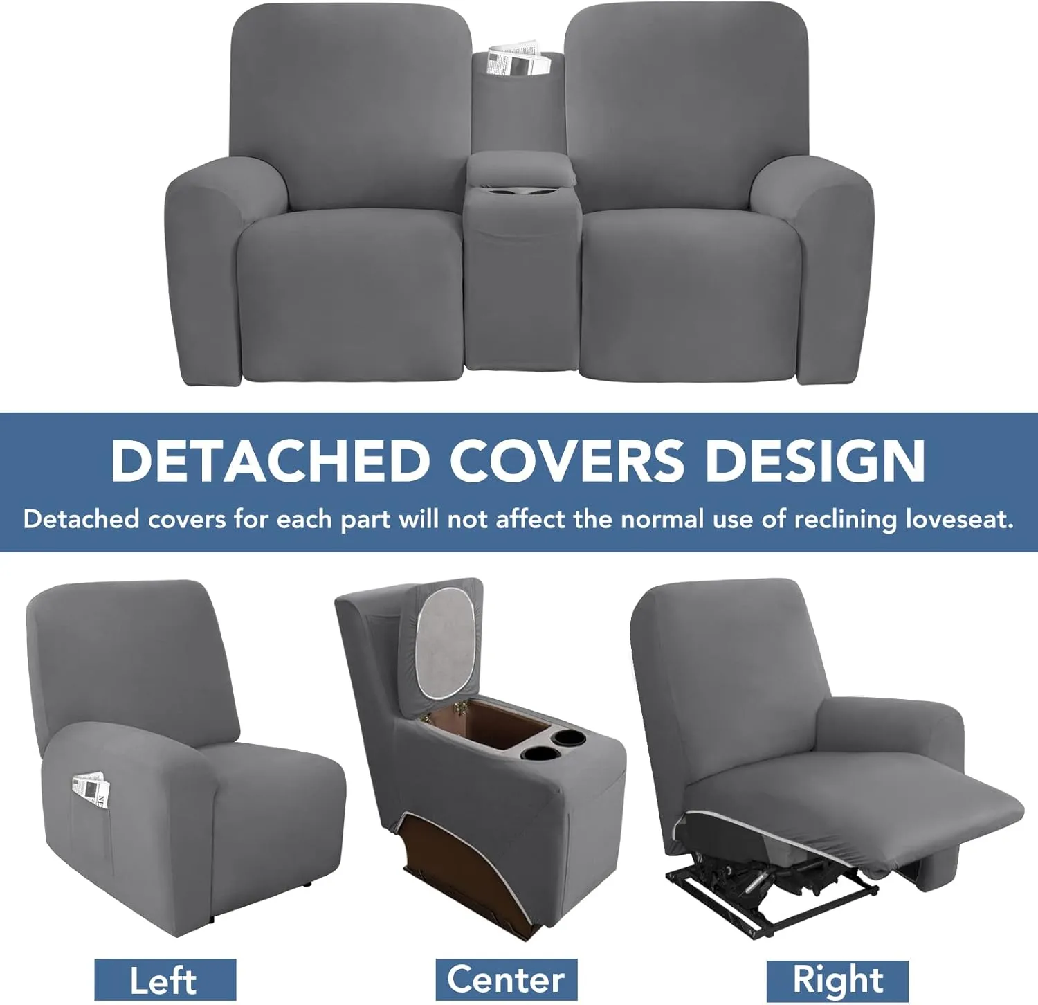 Easy-Going Stretch Recliner Loveseat Cover with Center Console Sofa Slipcover Soft Fitted Fleece 2 Seats Couch with Holder and Storage Washable Furniture Protector Gray