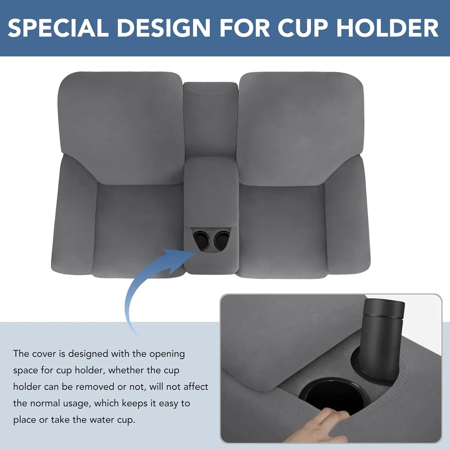 Easy-Going Stretch Recliner Loveseat Cover with Center Console Sofa Slipcover Soft Fitted Fleece 2 Seats Couch with Holder and Storage Washable Furniture Protector Gray