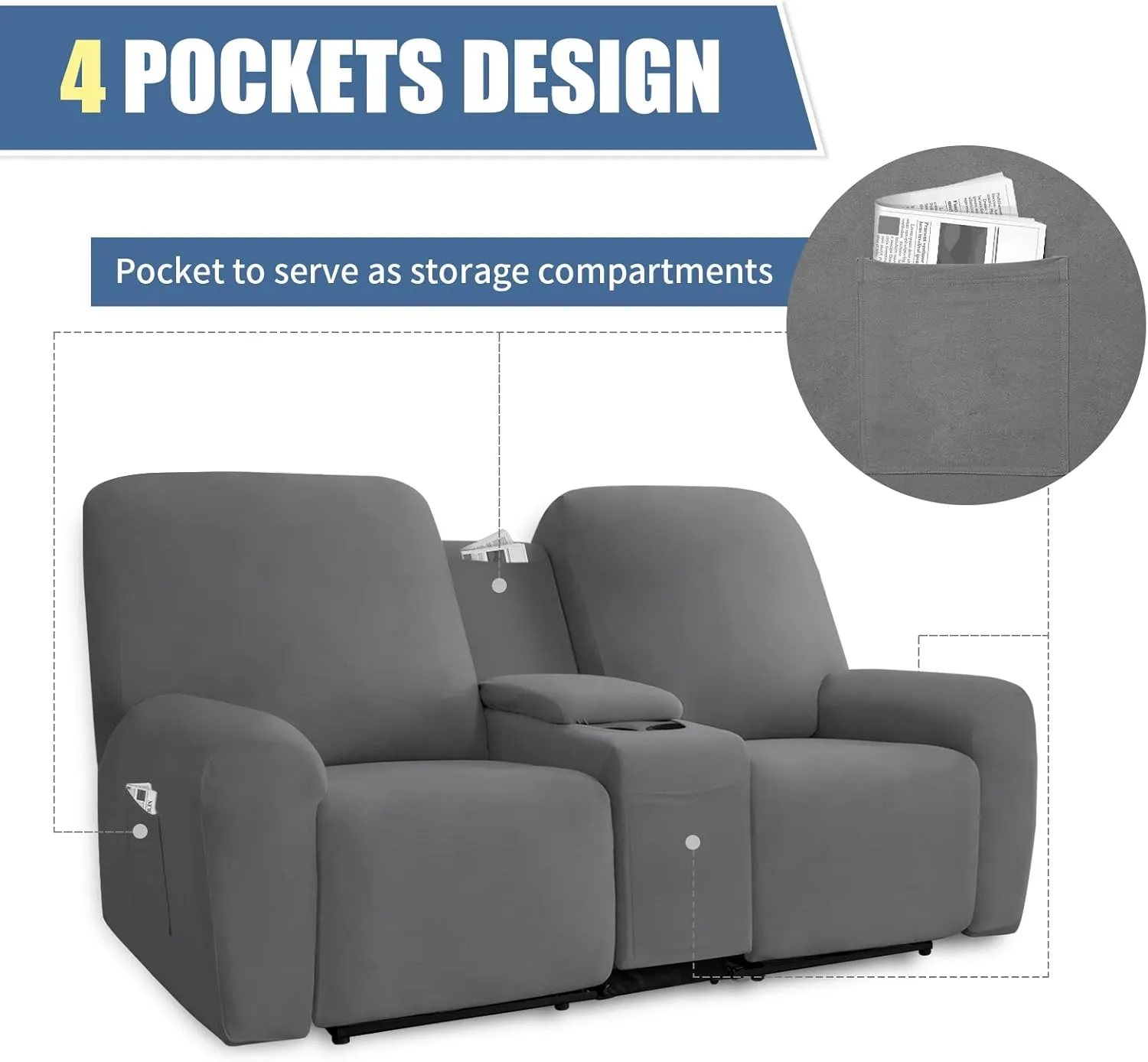 Easy-Going Stretch Recliner Loveseat Cover with Center Console Sofa Slipcover Soft Fitted Fleece 2 Seats Couch with Holder and Storage Washable Furniture Protector Gray