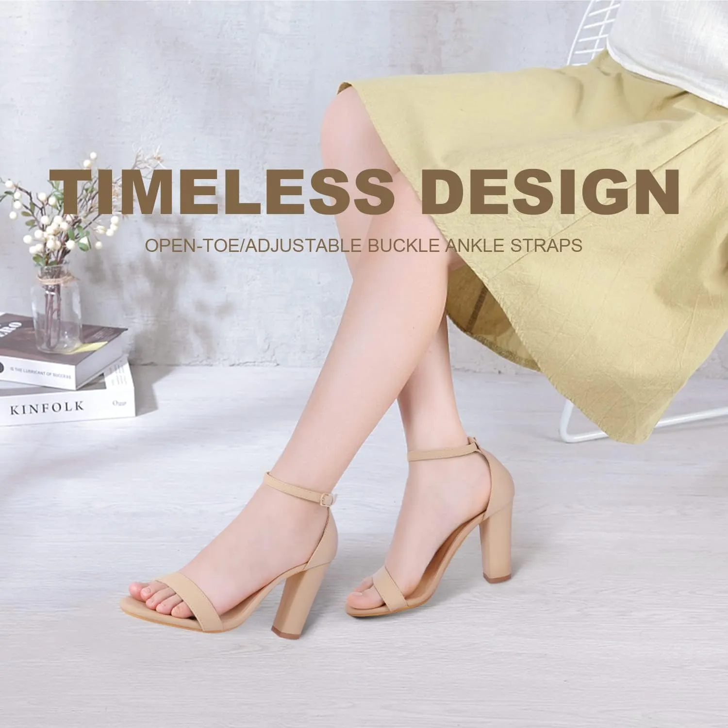 ElElax Women's 4 Inches Block High Heels Sandal, Nude Black Silver, Ankle Strap, Open Toe, for Wedding, Party, Prom