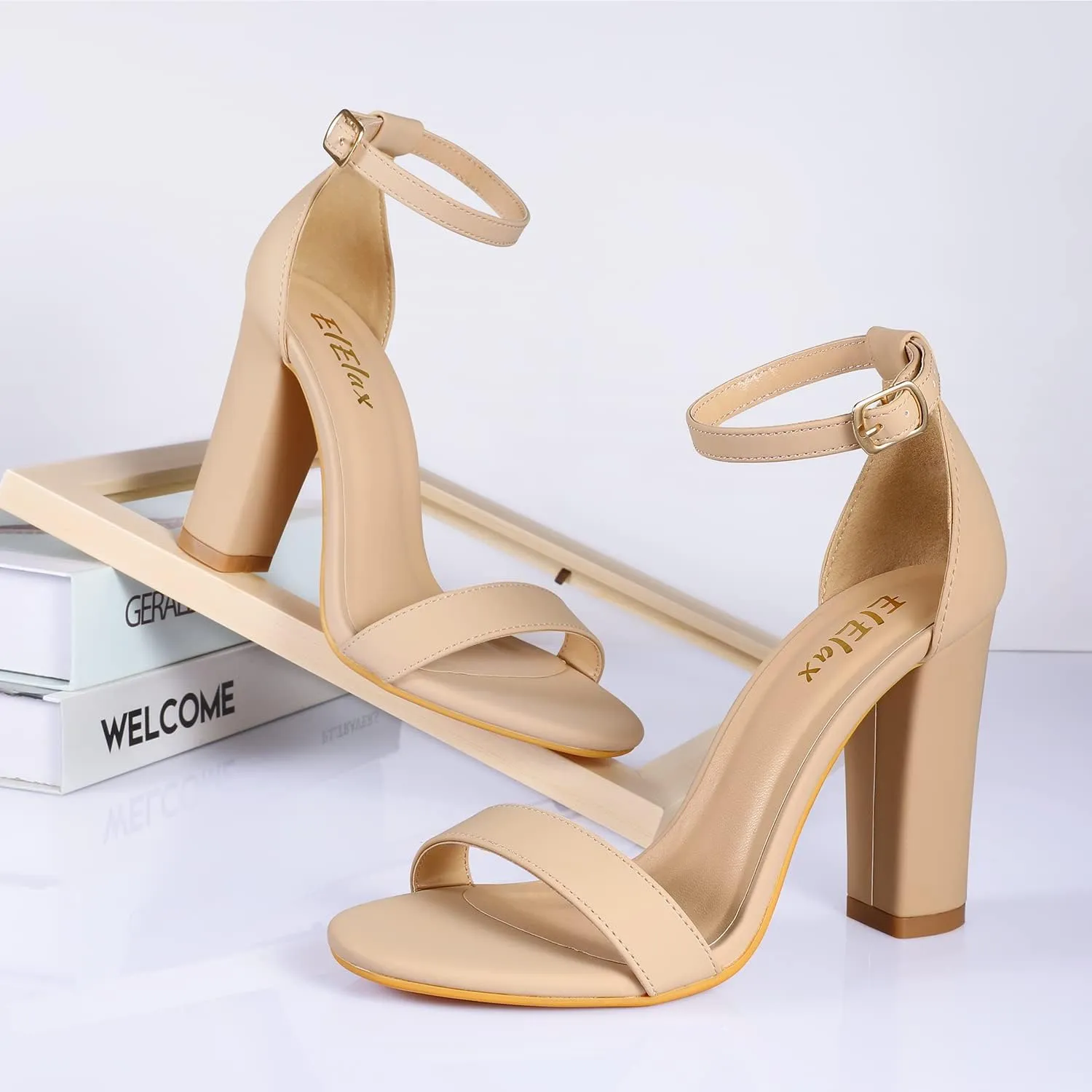 ElElax Women's 4 Inches Block High Heels Sandal, Nude Black Silver, Ankle Strap, Open Toe, for Wedding, Party, Prom