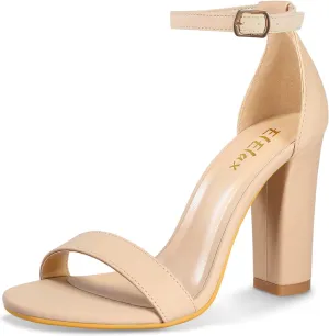 ElElax Women's 4 Inches Block High Heels Sandal, Nude Black Silver, Ankle Strap, Open Toe, for Wedding, Party, Prom