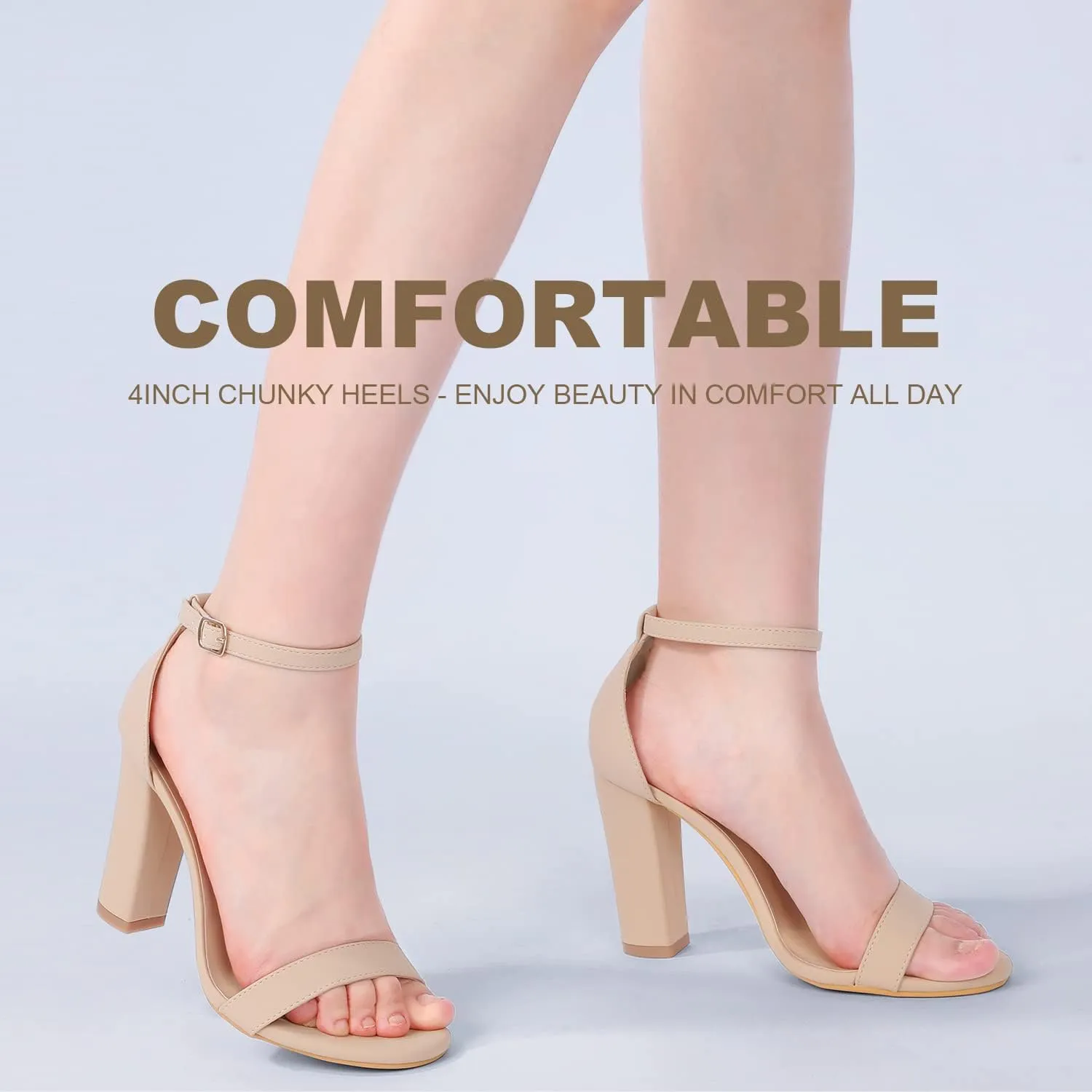 ElElax Women's 4 Inches Block High Heels Sandal, Nude Black Silver, Ankle Strap, Open Toe, for Wedding, Party, Prom