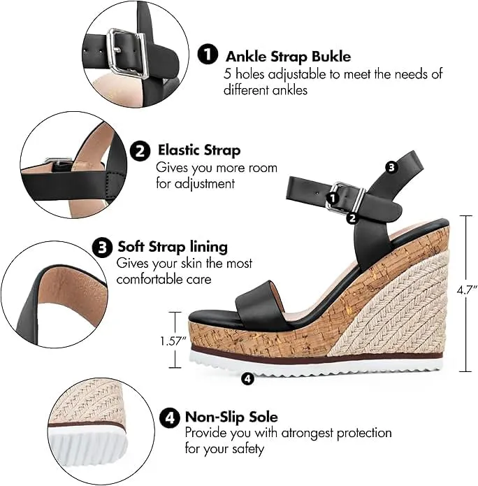 Espadrille Dressy Wedge Sandals, Adjustable Ankle Strap Buckle Women's Platform Sandals Dressy Square Toe, Comfortable High Heel Beach Shoes with Cushioned Footbed for Casual Summer