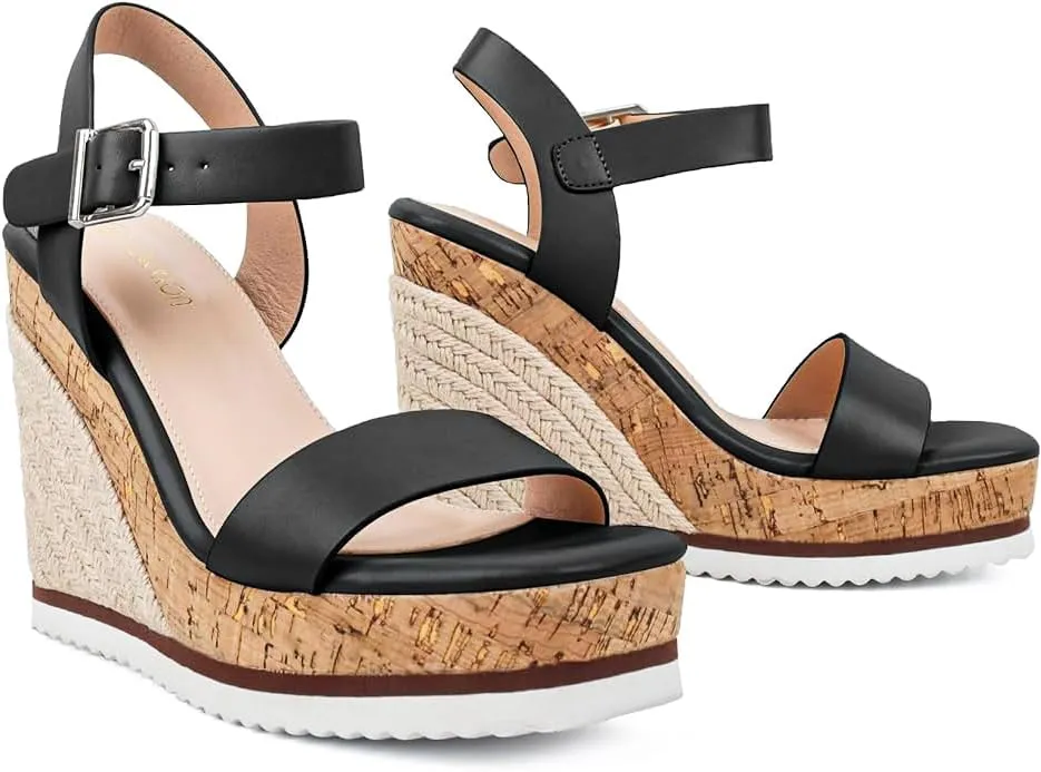 Espadrille Dressy Wedge Sandals, Adjustable Ankle Strap Buckle Women's Platform Sandals Dressy Square Toe, Comfortable High Heel Beach Shoes with Cushioned Footbed for Casual Summer