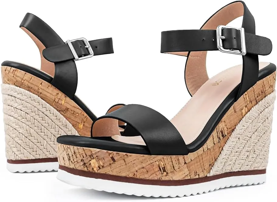 Espadrille Dressy Wedge Sandals, Adjustable Ankle Strap Buckle Women's Platform Sandals Dressy Square Toe, Comfortable High Heel Beach Shoes with Cushioned Footbed for Casual Summer